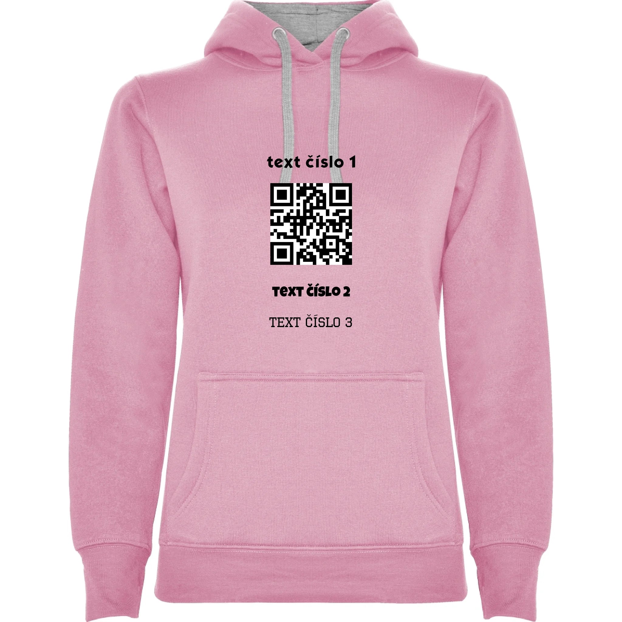 DÁMSKÁ MIKINA S KAPUCÍ s motivem QR KÓD (vložíte url adresu, můžete vložit vlastní texty) potisk jen dopředu dámská mikina urban Růžová melír
