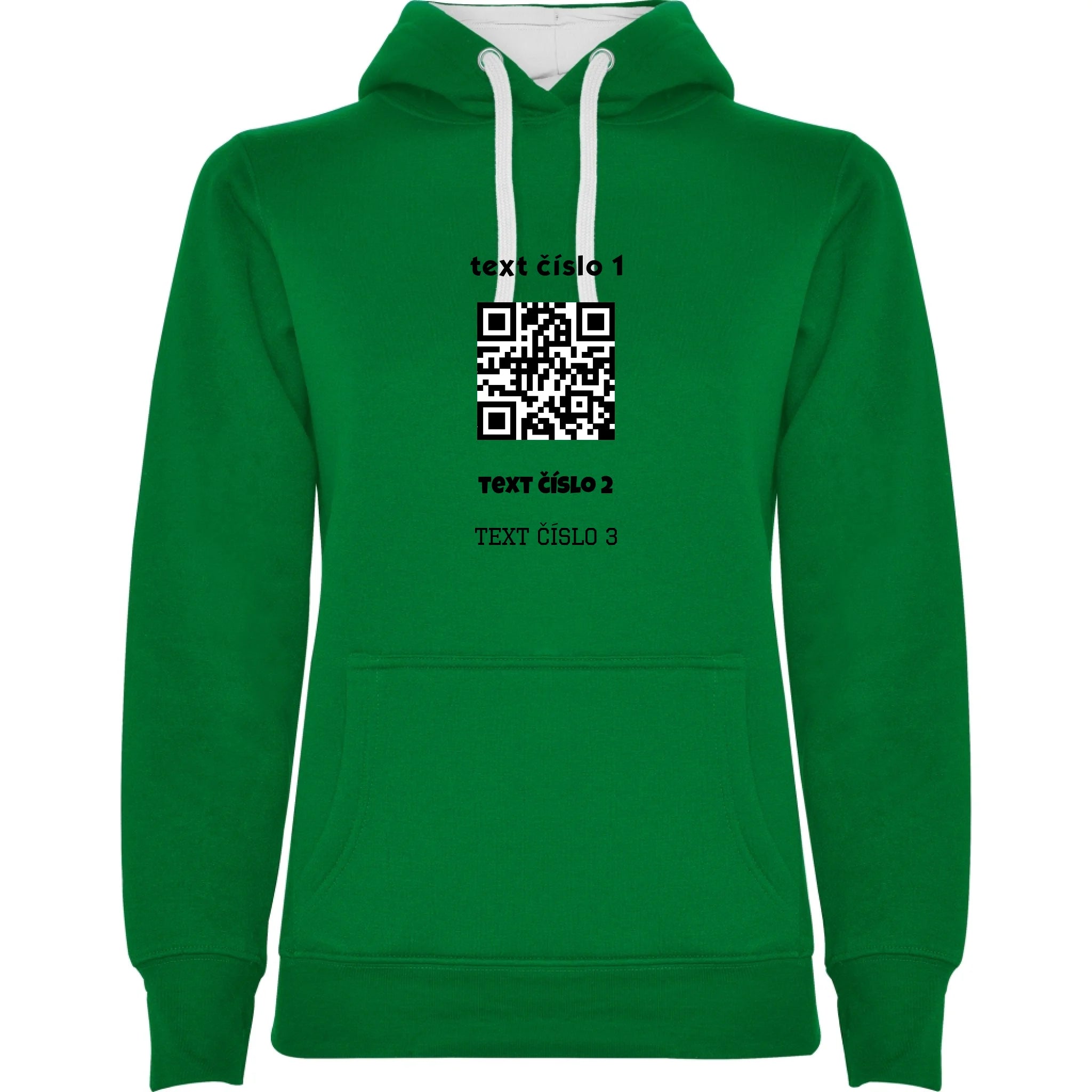 DÁMSKÁ MIKINA S KAPUCÍ s motivem QR KÓD (vložíte url adresu, můžete vložit vlastní texty) potisk jen dopředu dámská mikina urban Sytě zelená bílá