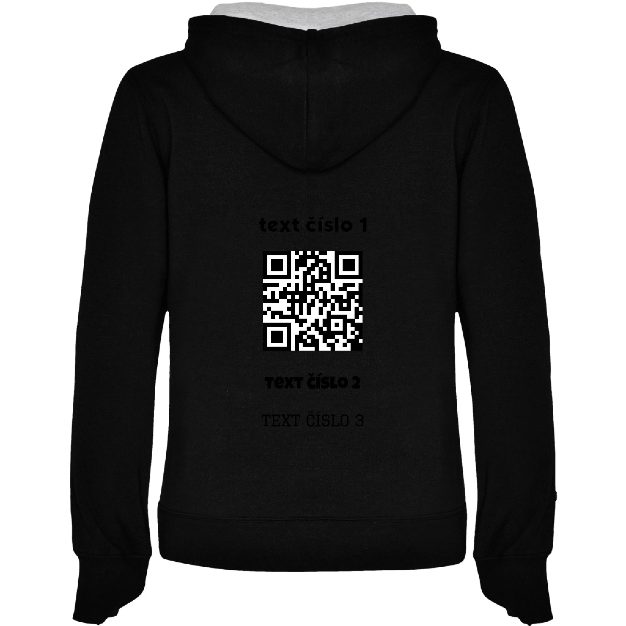 DÁMSKÁ MIKINA S KAPUCÍ s motivem QR KÓD (vložíte url adresu, můžete vložit vlastní texty) potisk jen na záda dámská mikina URBAN Černá melír
