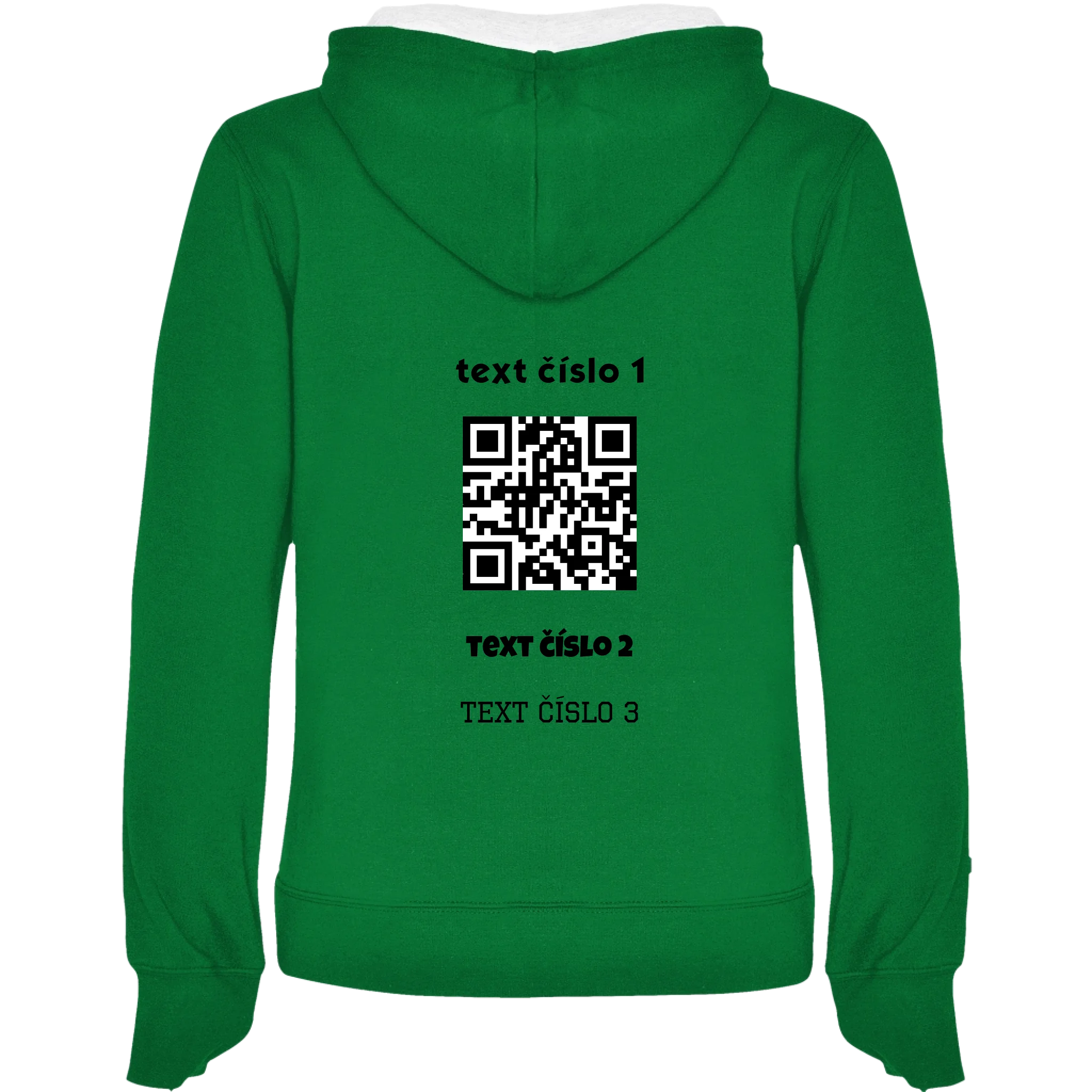 DÁMSKÁ MIKINA S KAPUCÍ s motivem QR KÓD (vložíte url adresu, můžete vložit vlastní texty) potisk jen na záda dámská mikina URBAN Sytě zelená bílá