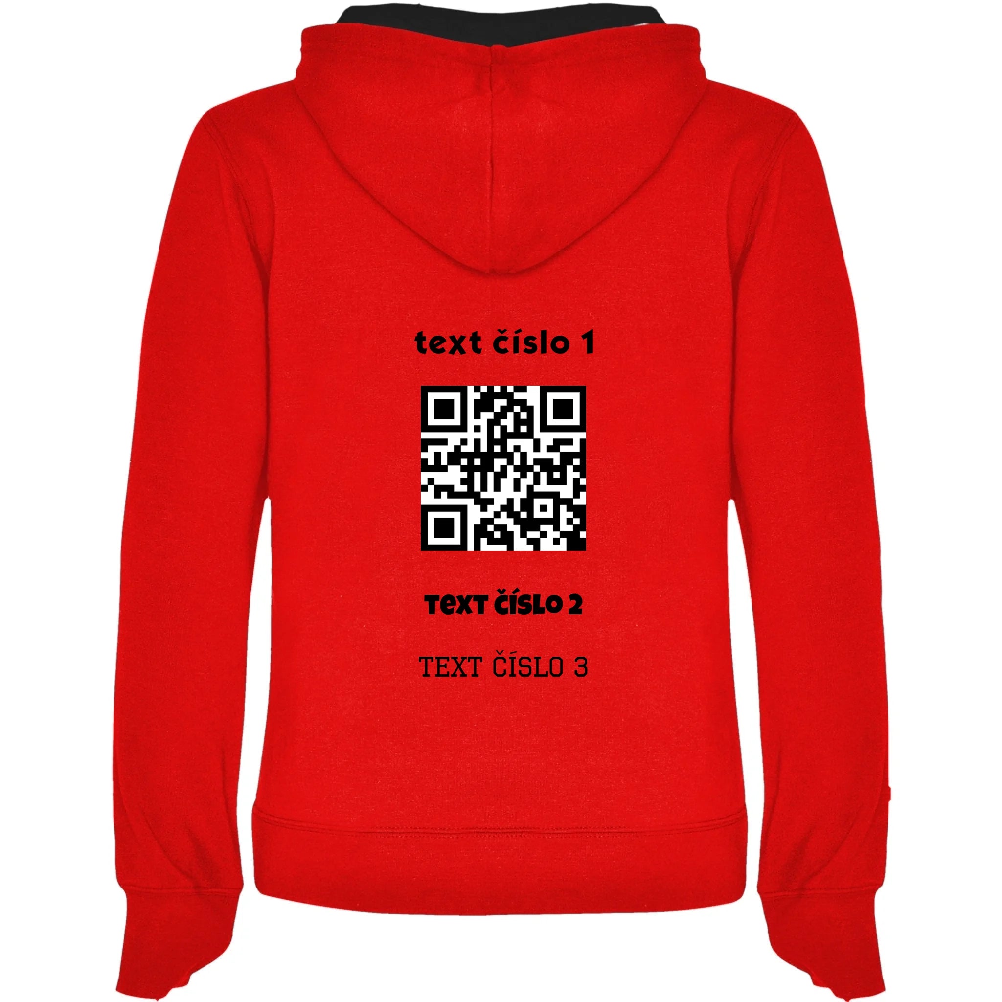 DÁMSKÁ MIKINA S KAPUCÍ s motivem QR KÓD (vložíte url adresu, můžete vložit vlastní texty) potisk jen na záda dámská mikina URBAN Červená černá