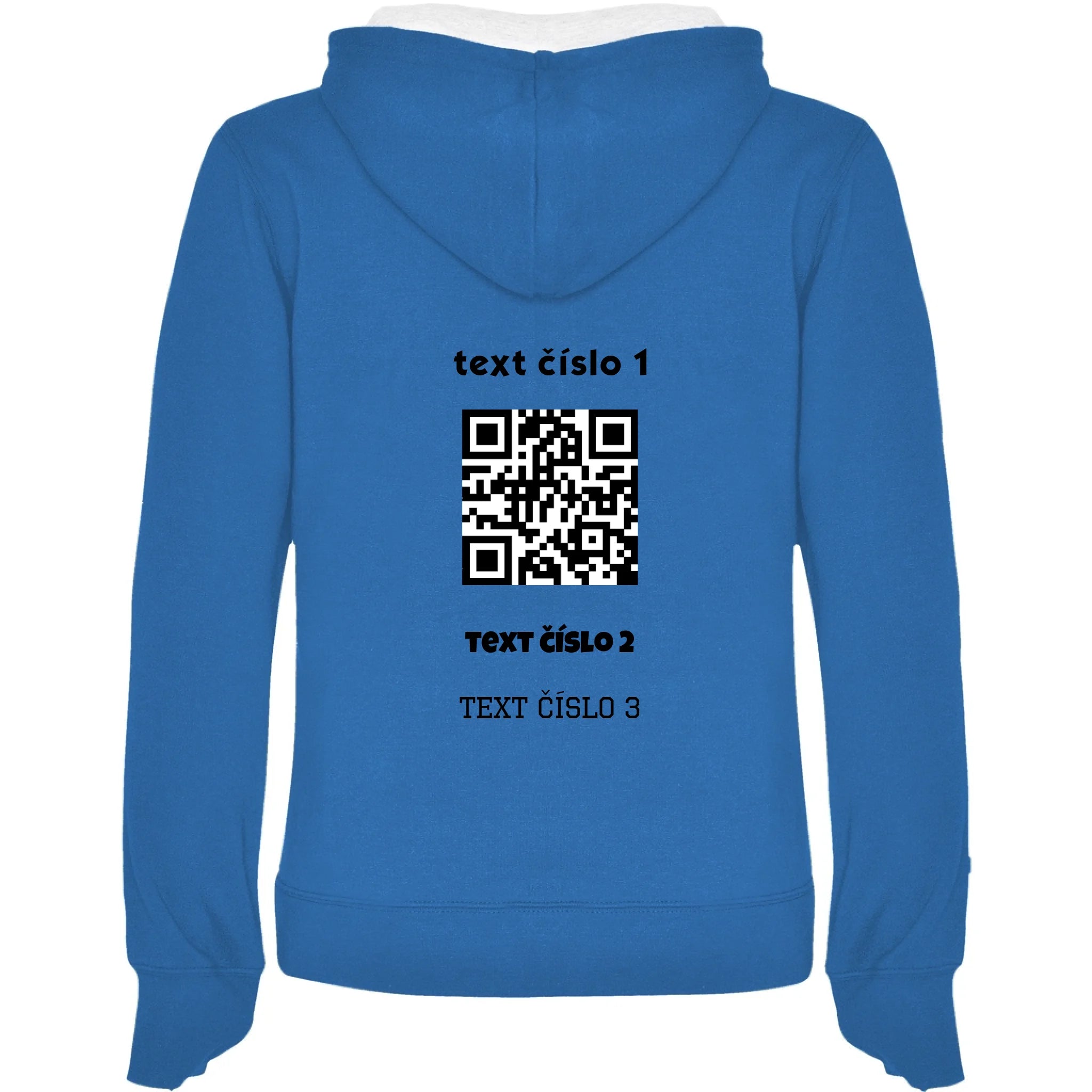 DÁMSKÁ MIKINA S KAPUCÍ s motivem QR KÓD (vložíte url adresu, můžete vložit vlastní texty) potisk jen na záda dámská mikina URBAN Modrá bílá