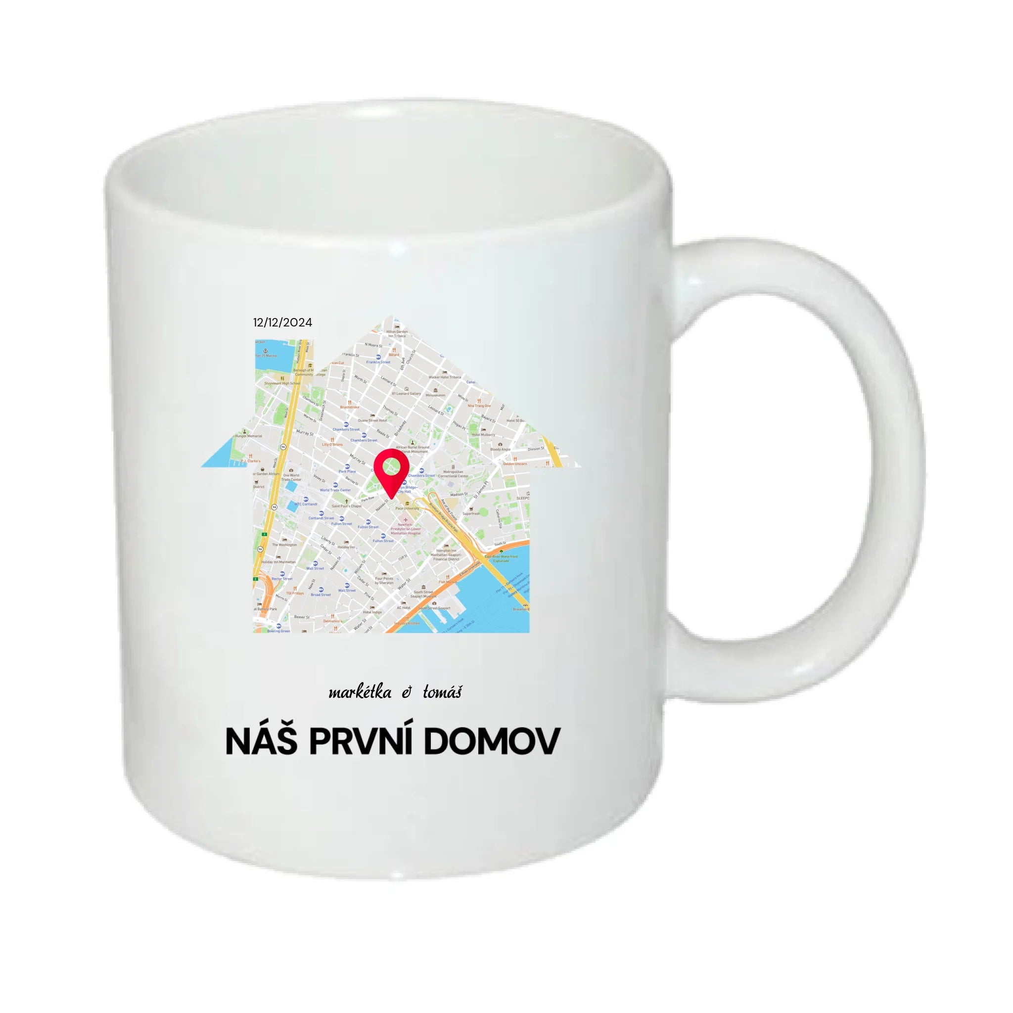 HRNÍČEK MAPA vyberte místo, generujte mapu, doplňte vlastní texty potisk jen dopředu hrníček Bílý 330 ml
