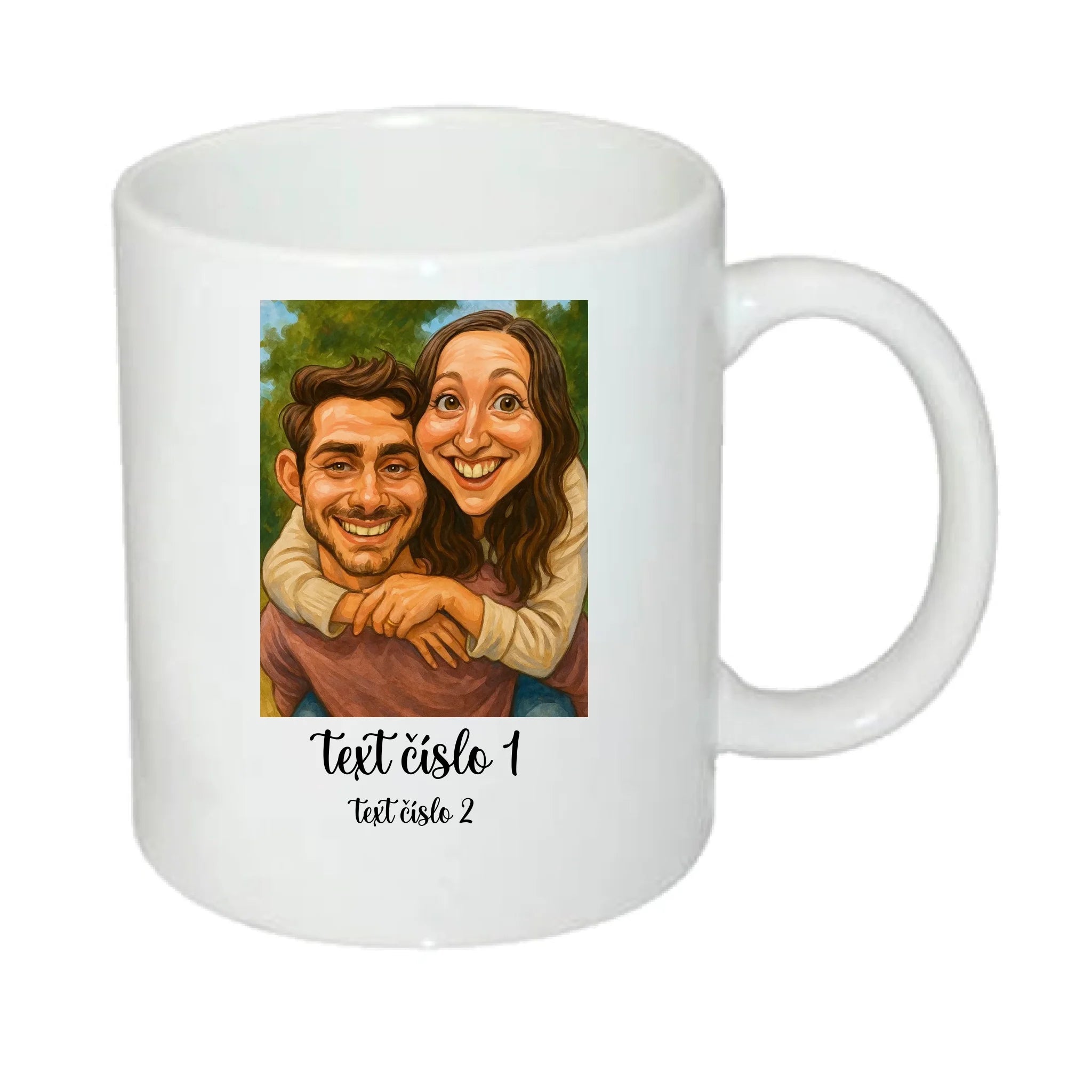 HRNÍČEK s motivem KARIKATURA (vložíte fotku, doplníte texty) potisk jen dopředu hrníček Bílý 330 ml