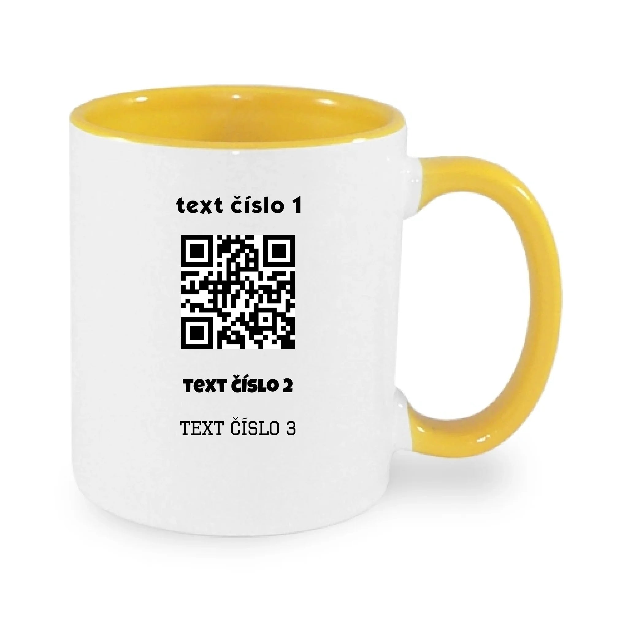 HRNÍČEK s motivem QR KÓD (vložíte url adresu, můžete vložit vlastní texty) potisk jen dopředu hrníček Bílá žlutá 330 ml