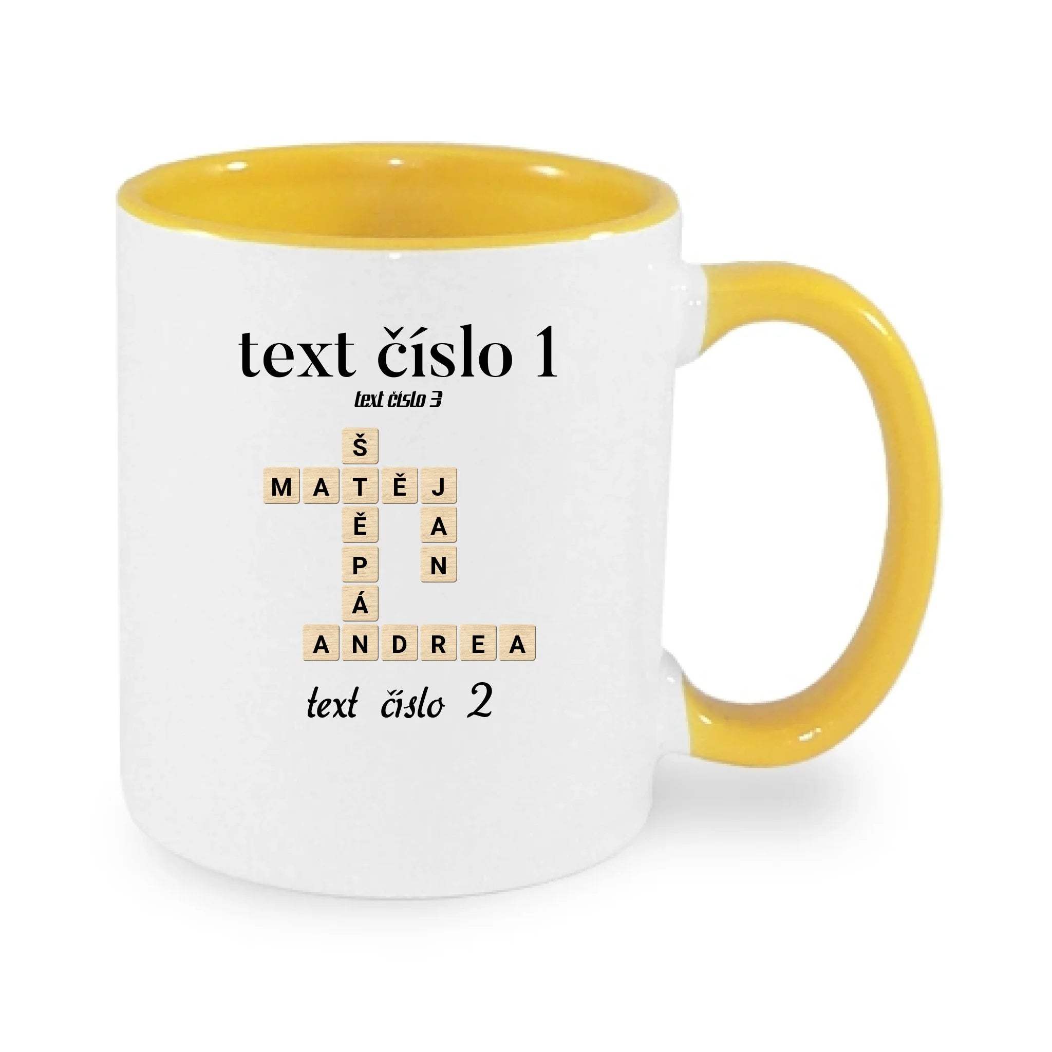 HRNÍČEK s motivem SCRABLE (vložíte jména, doplníte texty) potisk jen dopředu hrníček Bílá žlutá 330 ml