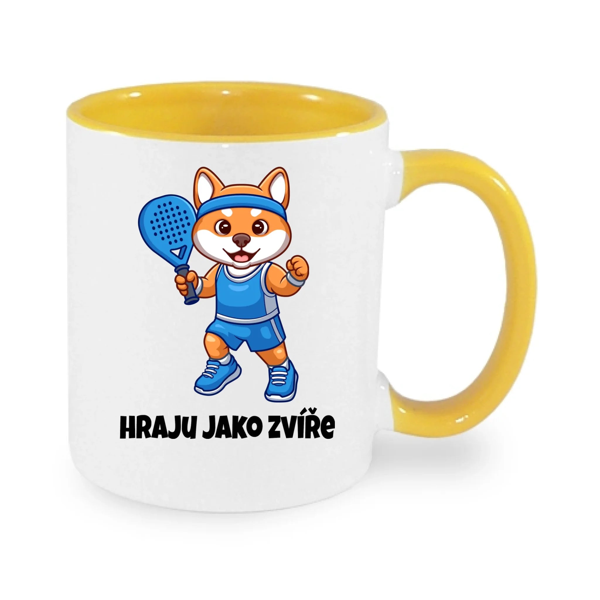 HRNÍČEK s motivem PADEL HRAJU JAKO ZVÍŘE (výběr ze 3 potisků) potisk jen dopředu hrníček Bílá žlutá 330 ml