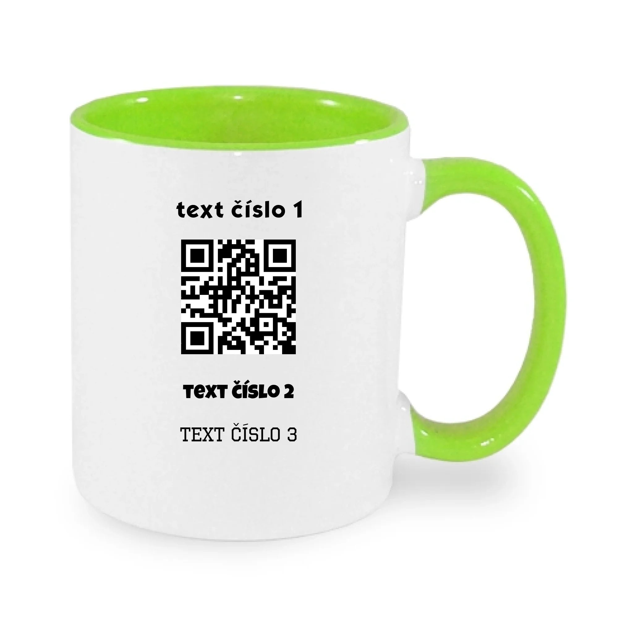 HRNÍČEK s motivem QR KÓD (vložíte url adresu, můžete vložit vlastní texty) potisk jen dopředu hrníček Bílá zelená 330 ml