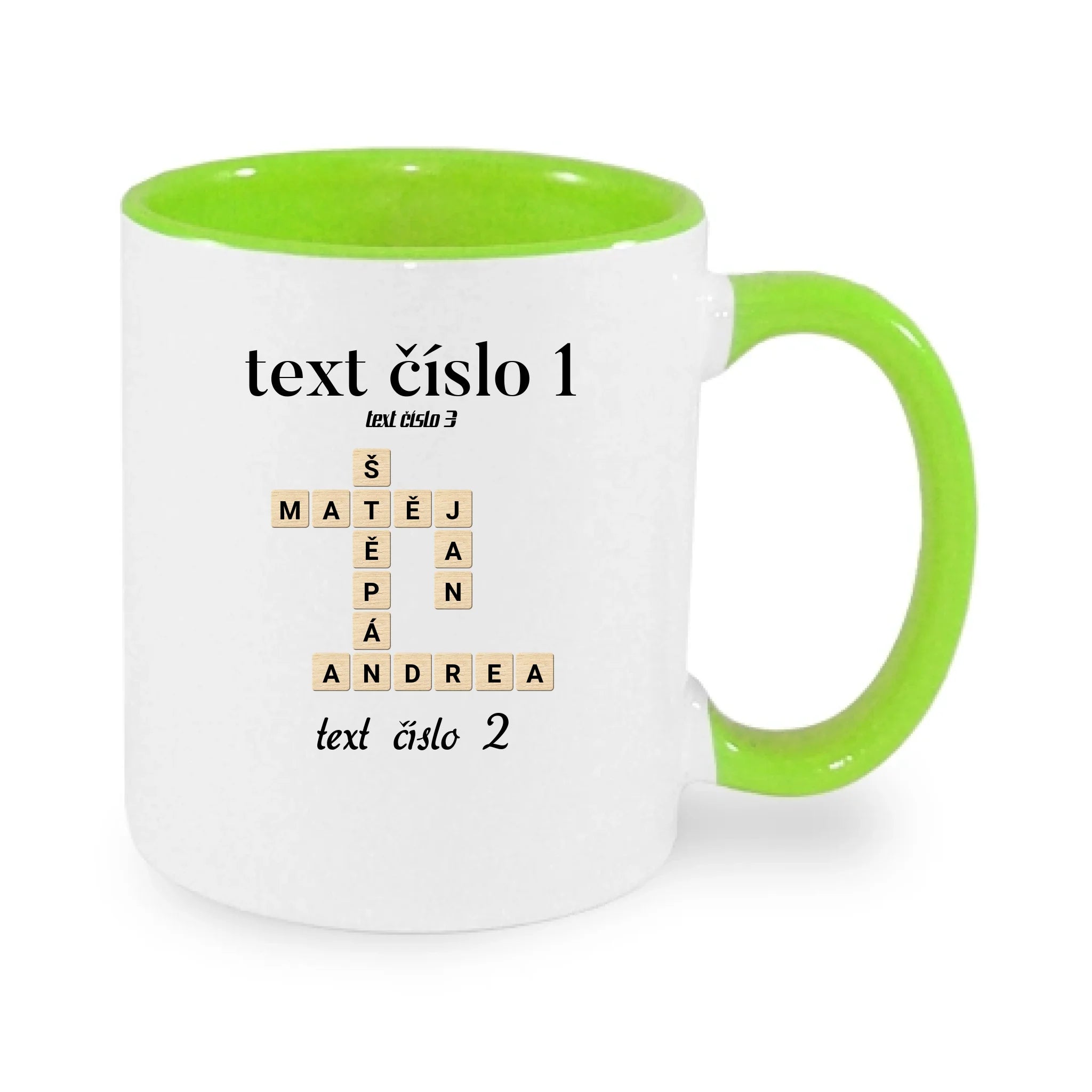 HRNÍČEK s motivem SCRABLE (vložíte jména, doplníte texty) potisk jen dopředu hrníček Bílá zelená 330 ml