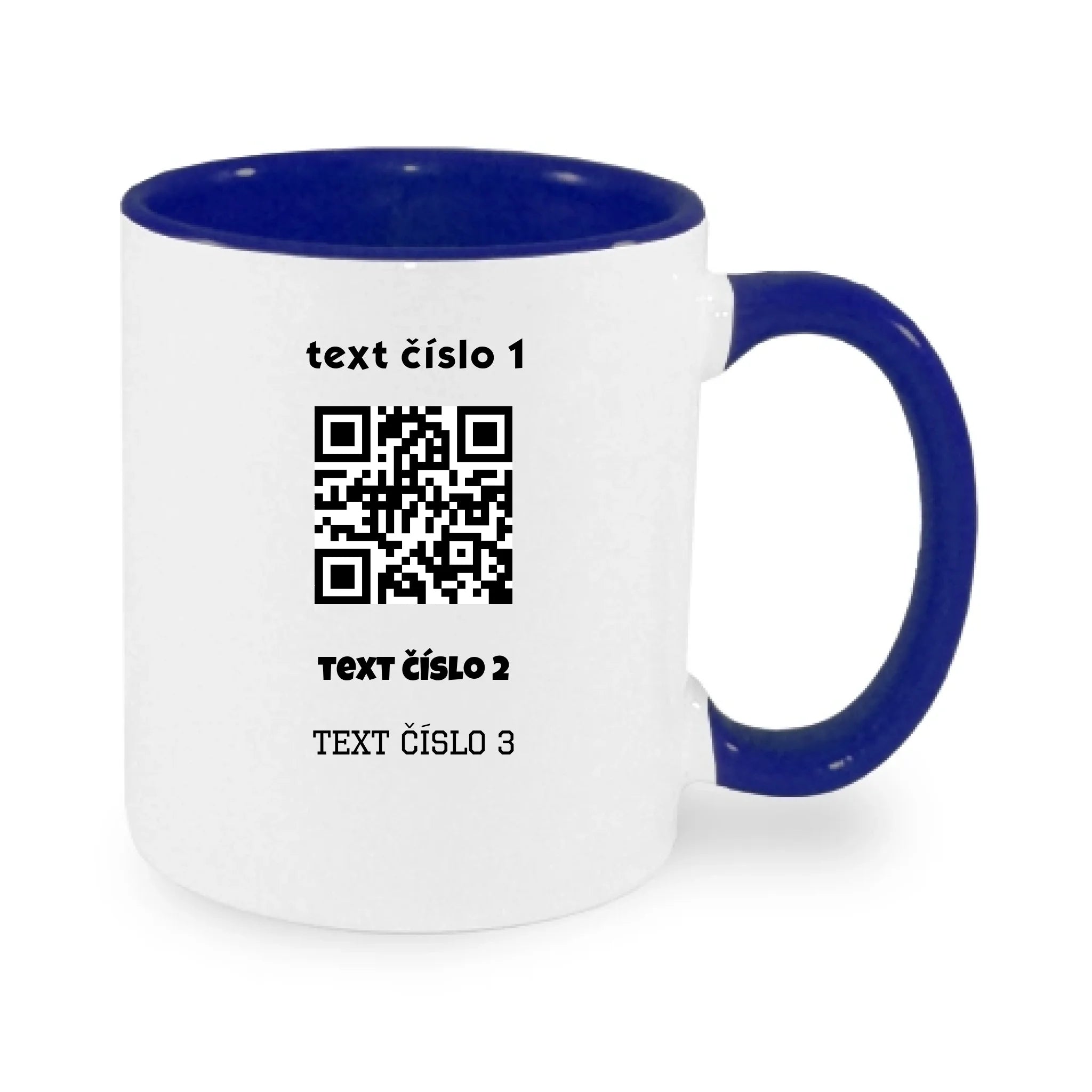 HRNÍČEK s motivem QR KÓD (vložíte url adresu, můžete vložit vlastní texty) potisk jen dopředu hrníček Bílá modrá 330 ml