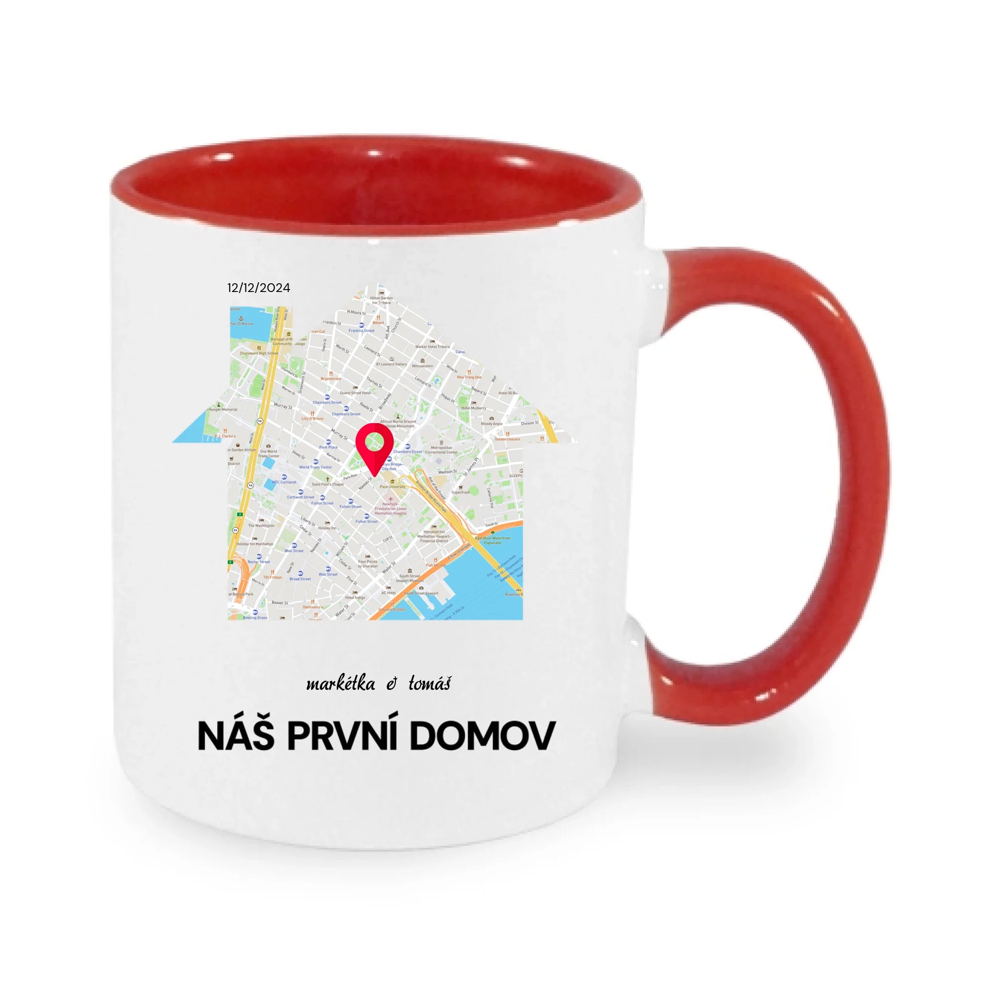 HRNÍČEK s motivem RODINA TADY TO ZAČALO (vyberete tvar mapy, místo, doplníte texty) potisk jen dopředu hrníček Bílá červená 330 ml