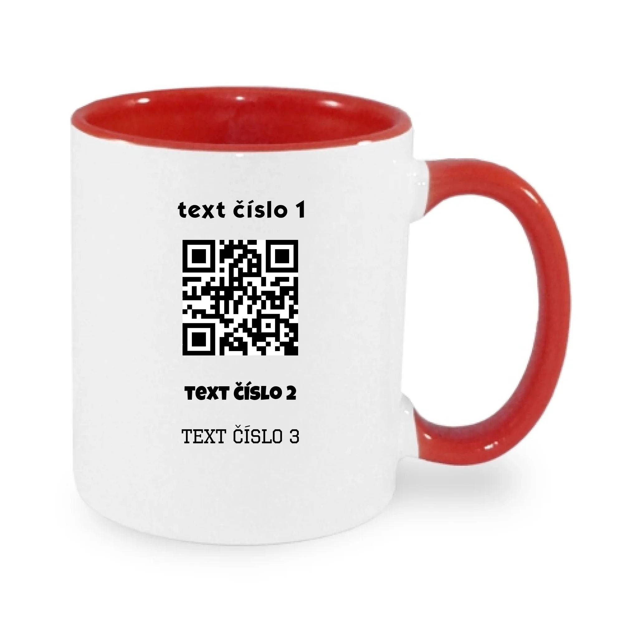 HRNÍČEK s motivem QR KÓD (vložíte url adresu, můžete vložit vlastní texty) potisk jen dopředu hrníček Bílá červená 330 ml