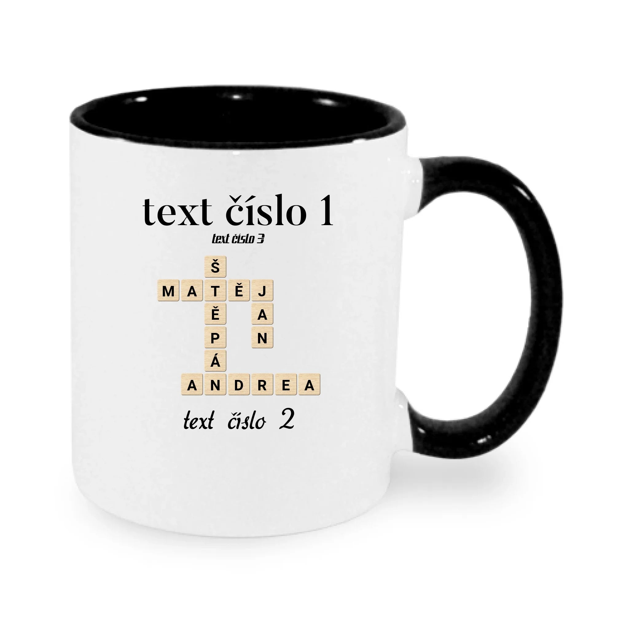 HRNÍČEK s motivem SCRABLE (vložíte jména, doplníte texty) potisk jen dopředu hrníček Bílá černá 330 ml