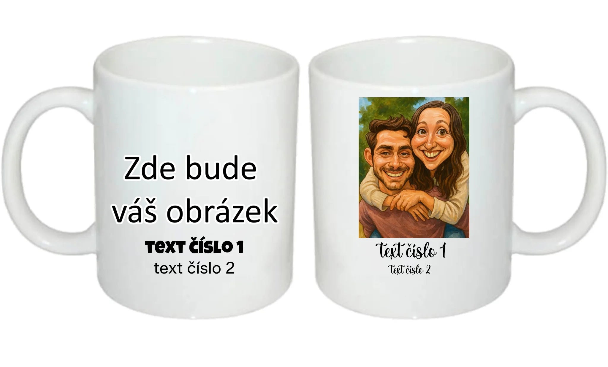 HRNÍČEK s motivem KARIKATURA (vložíte fotku, doplníte texty) oboustranný potisk hrníček Bílý 330 ml