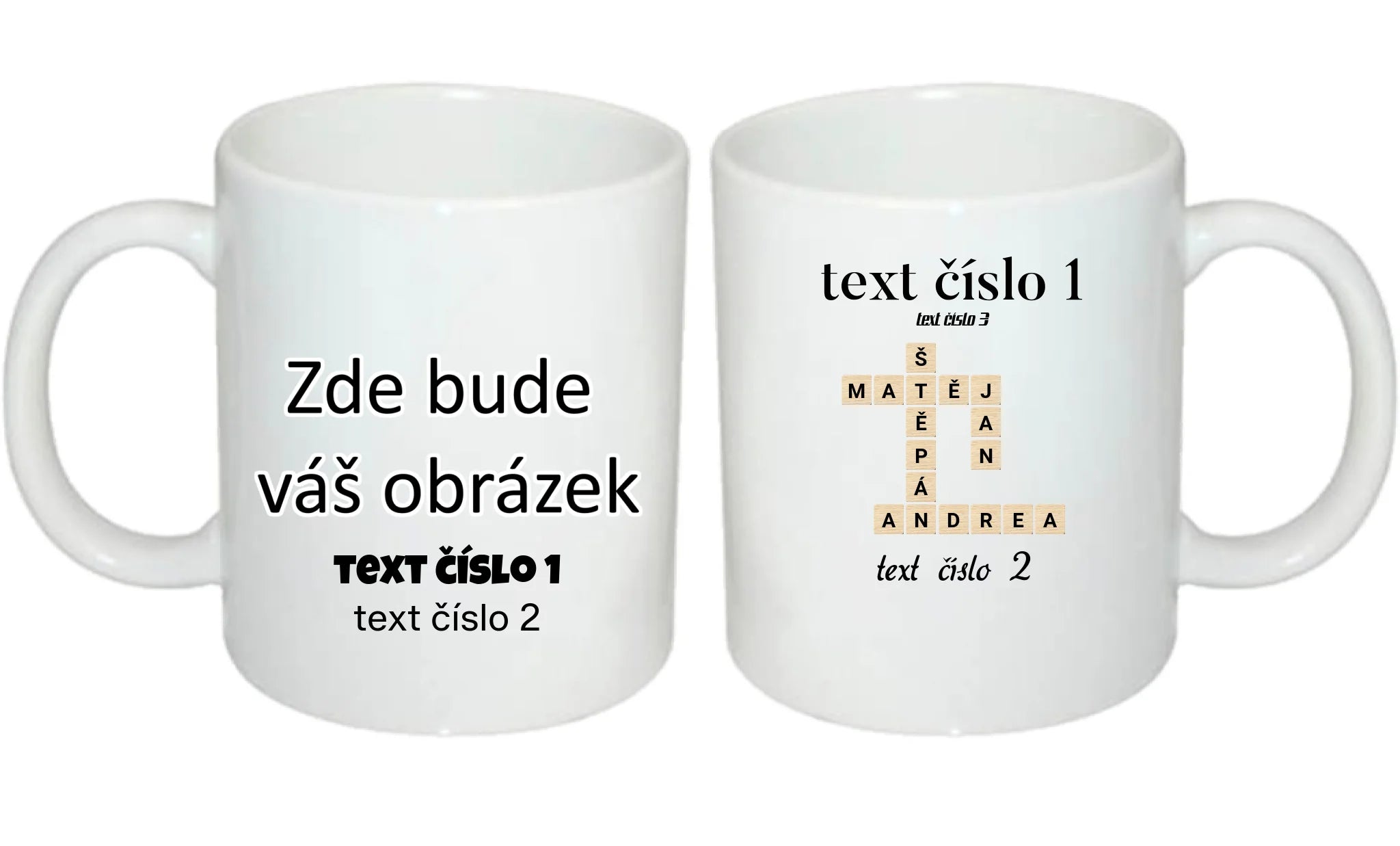 HRNÍČEK s motivem SCRABLE (vložíte jména, doplníte texty) oboustranný potisk hrníček Bílý 330 ml