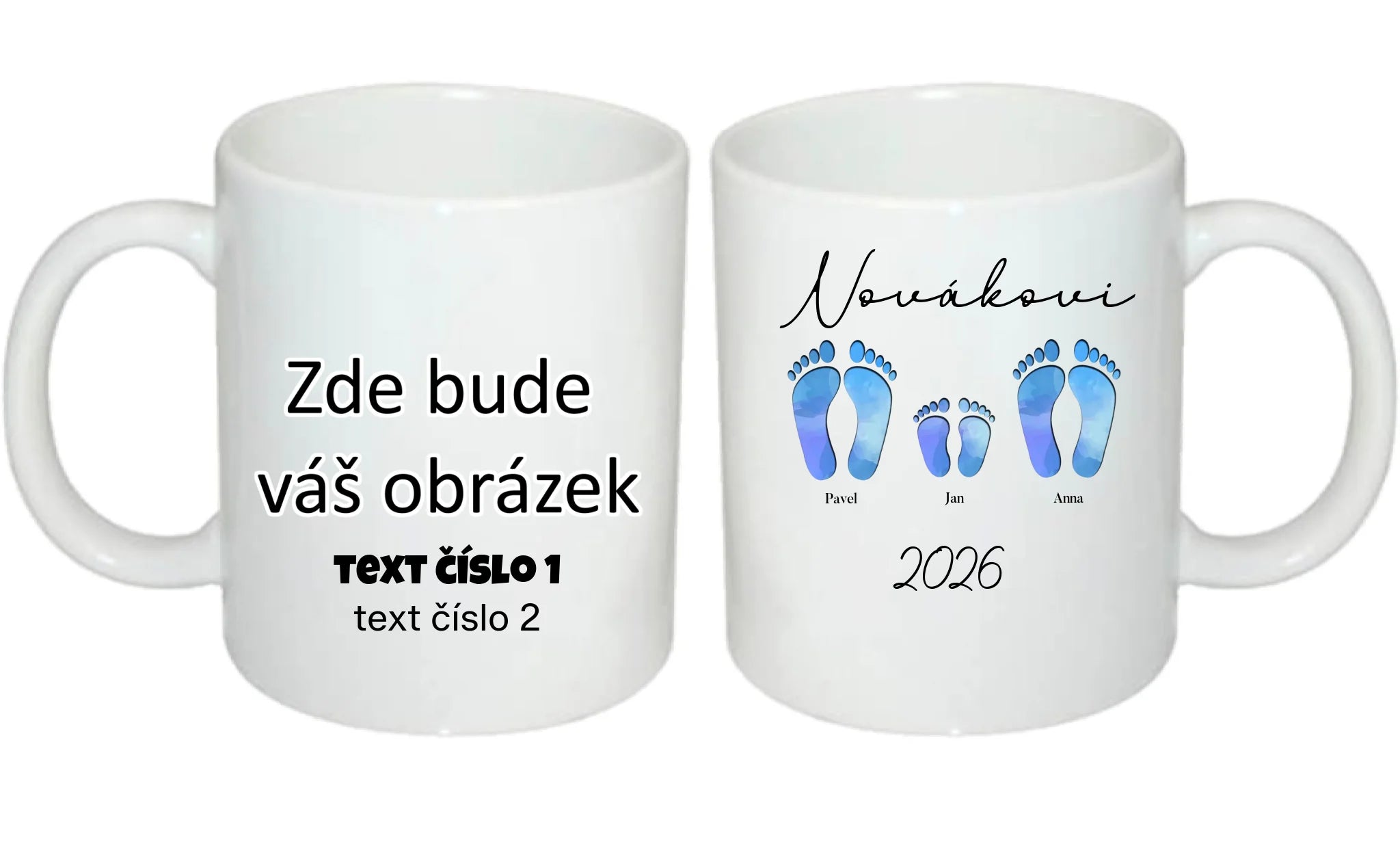 HRNÍČEK s motivem RODINA NAŠE STOPY (doplníte jména a další texty) oboustranný potisk hrníček Bílý 330 ml