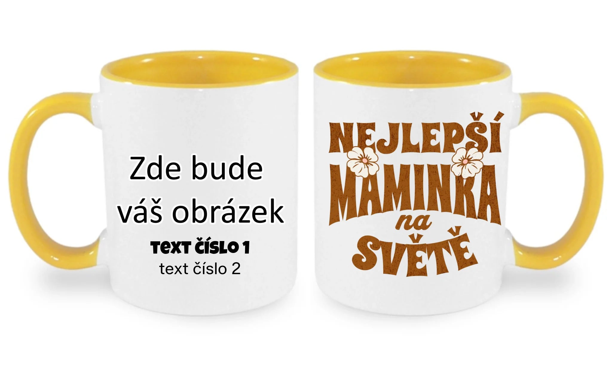HRNÍČEK s motivem NEJ MÁMA (výběr z 20+ potisků) oboustranný potisk hrníček Bílá žlutá 330 ml