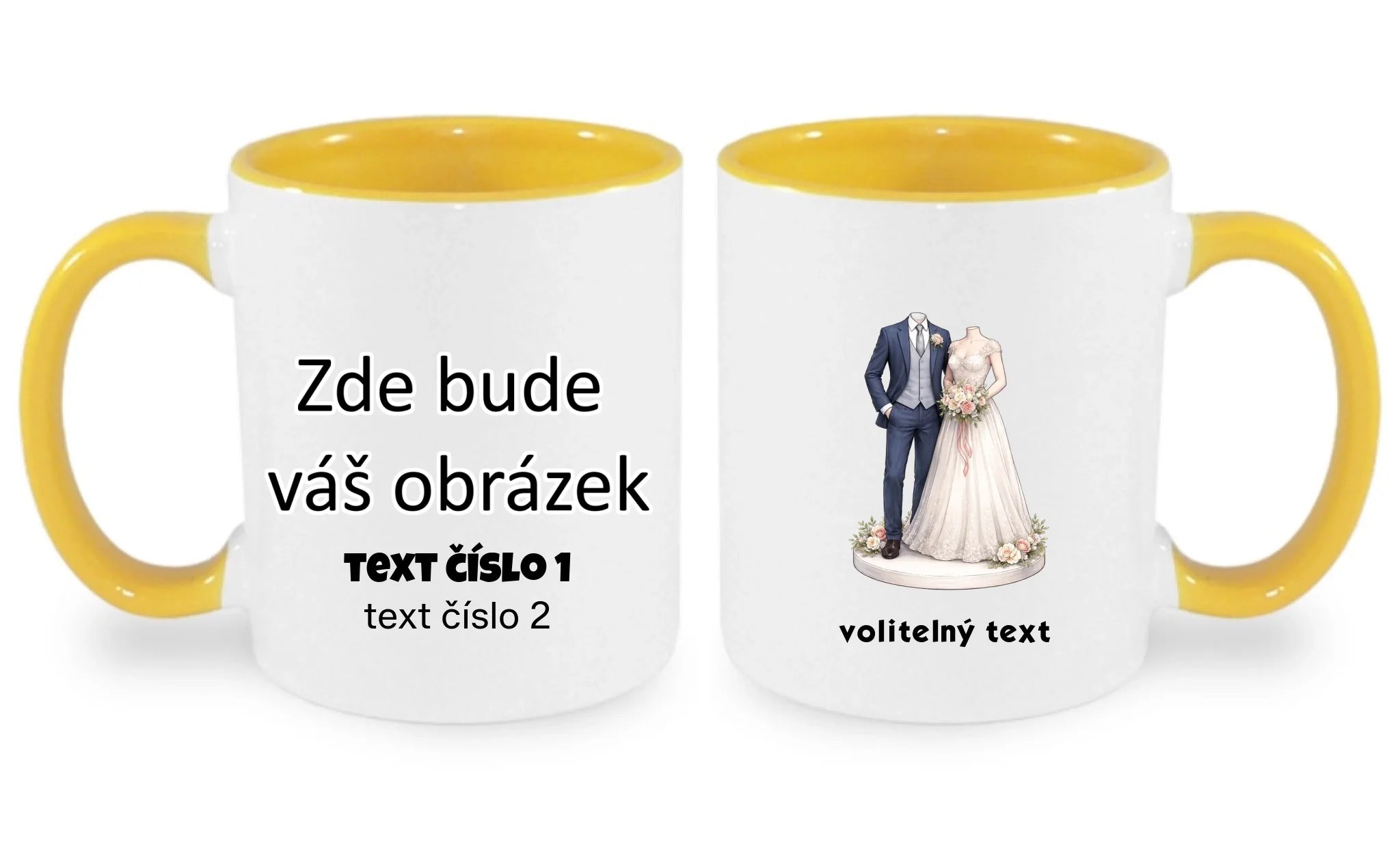 HRNÍČEK s motivem NOVOMANŽELÉ (vložíte foto) oboustranný potisk hrníček Bílá žlutá 330 ml