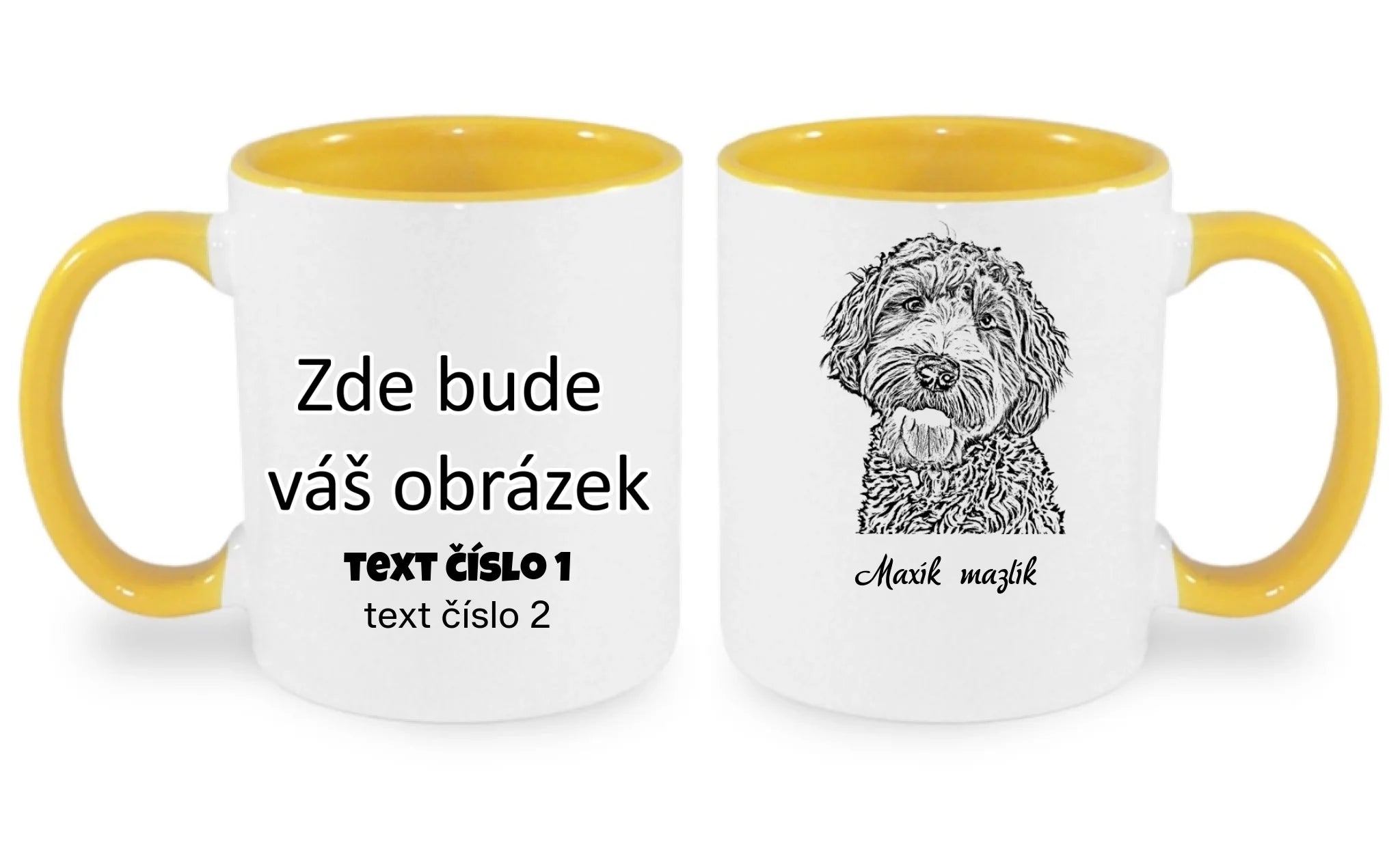 HRNÍČEK s potiskem KRESBA ZVÍŘÁTKA (vložíte fotku a necháte upravit) oboustranný potisk hrníček Bílá žlutá 330 ml
