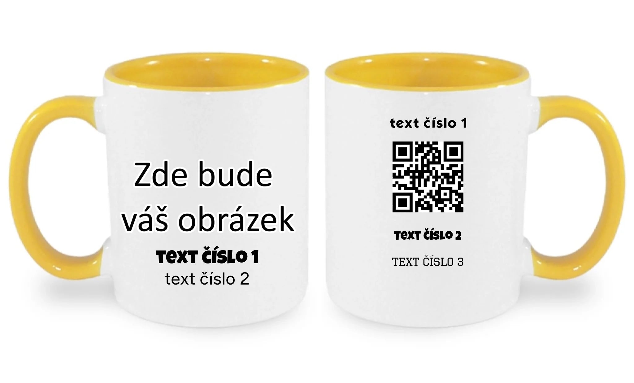 HRNÍČEK s motivem QR KÓD (vložíte url adresu, můžete vložit vlastní texty) oboustranný potisk hrníček Bílá žlutá 330 ml