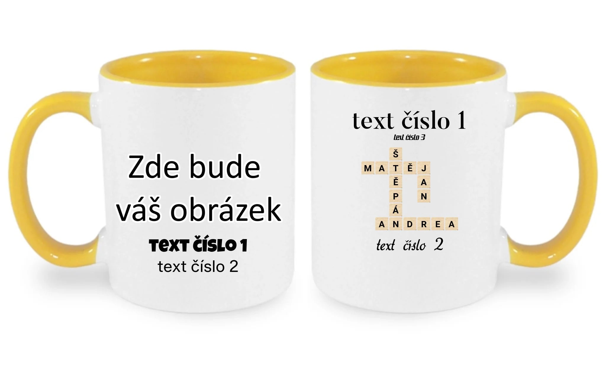 HRNÍČEK s motivem SCRABLE (vložíte jména, doplníte texty) oboustranný potisk hrníček Bílá žlutá 330 ml