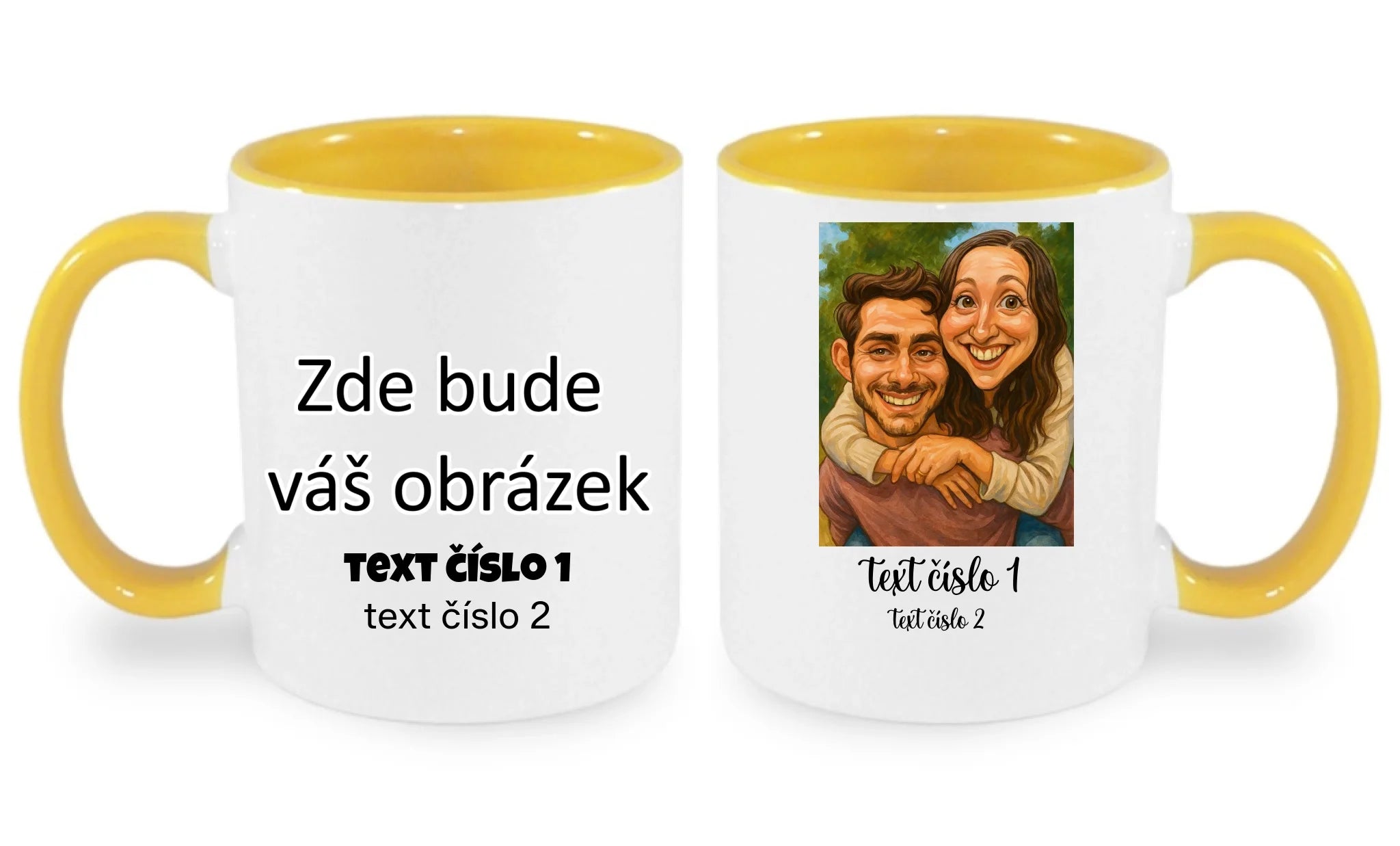 HRNÍČEK s motivem KARIKATURA (vložíte fotku, doplníte texty) oboustranný potisk hrníček Bílá žlutá 330 ml