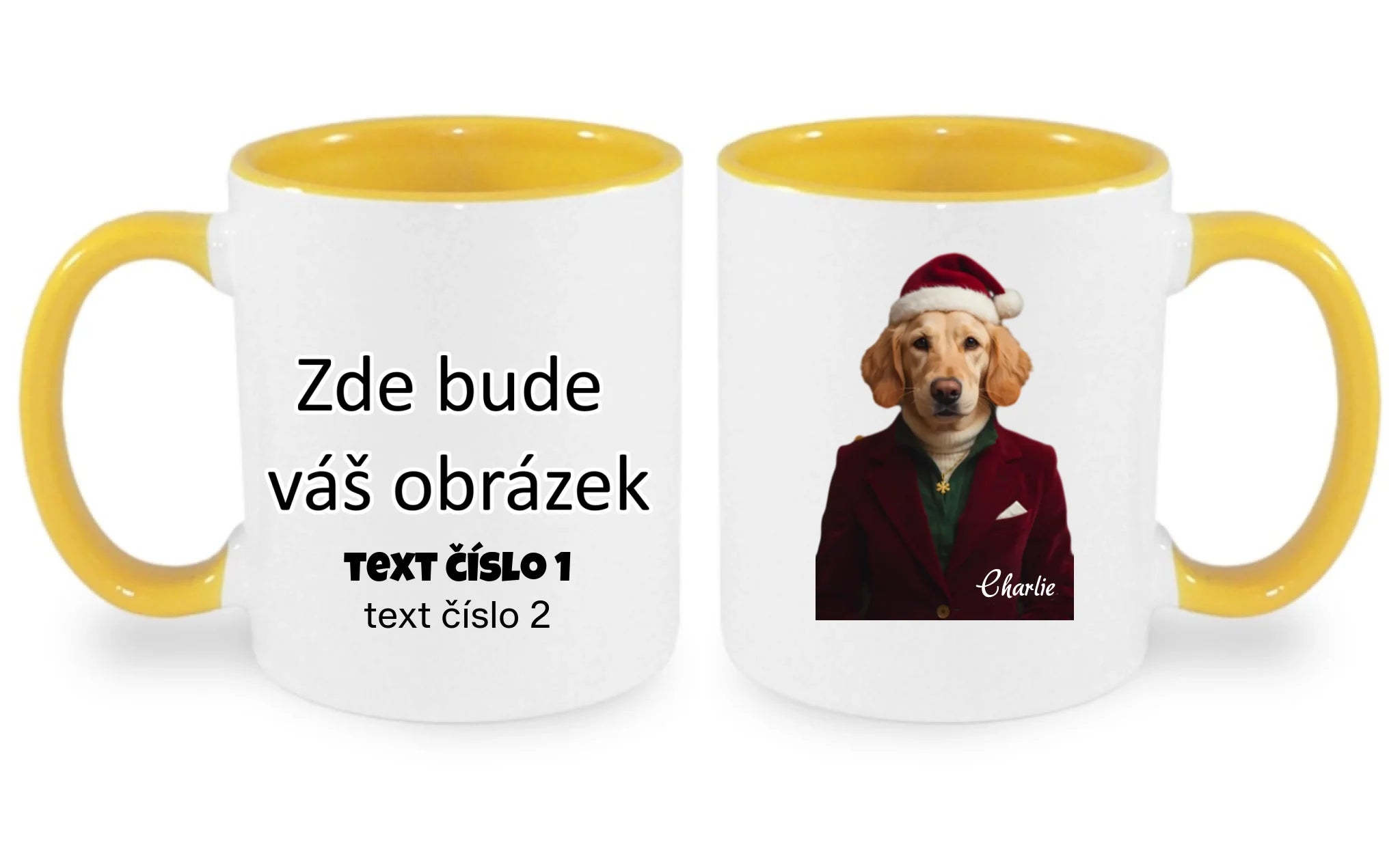 HRNÍČEK s potiskem ZVÍŘECÍ GLAMOUR PROMĚNA AI (vložíte foto, doplníte jméno) oboustranný potisk hrníček Bílá žlutá 330 ml
