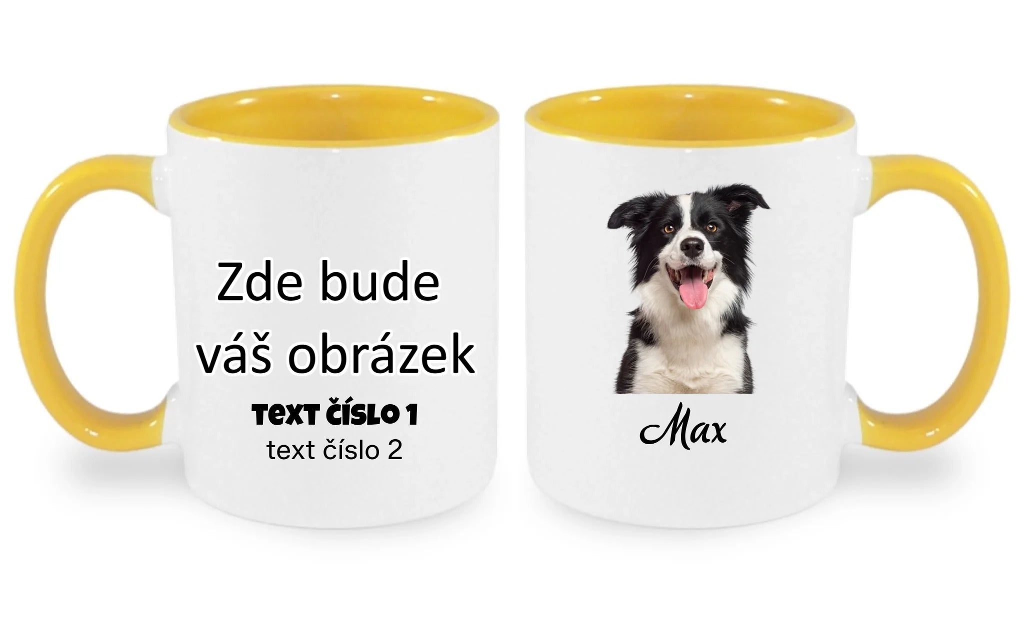 HRNÍČEK s potiskem PORTRÉT ZVÍŘETE (vložíte fotku, odstraní se pozadí, doplníte jméno) oboustranný potisk hrníček Bílá žlutá 330 ml