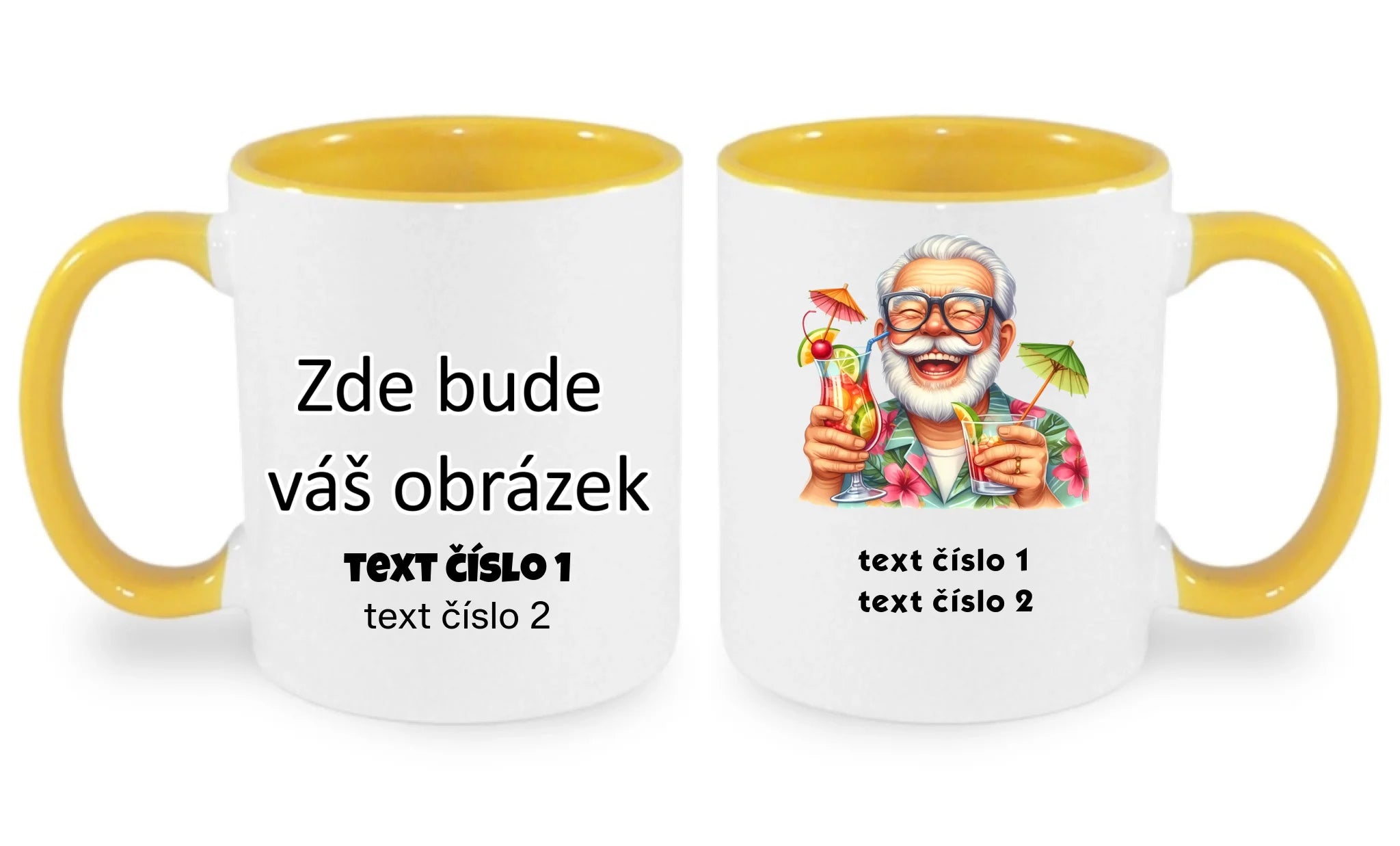 HRNÍČEK s motivem DĚDEČEK (výběr z 10+ obrázků, možnost doplnit vlastní texty) oboustranný potisk hrníček Bílá žlutá 330 ml