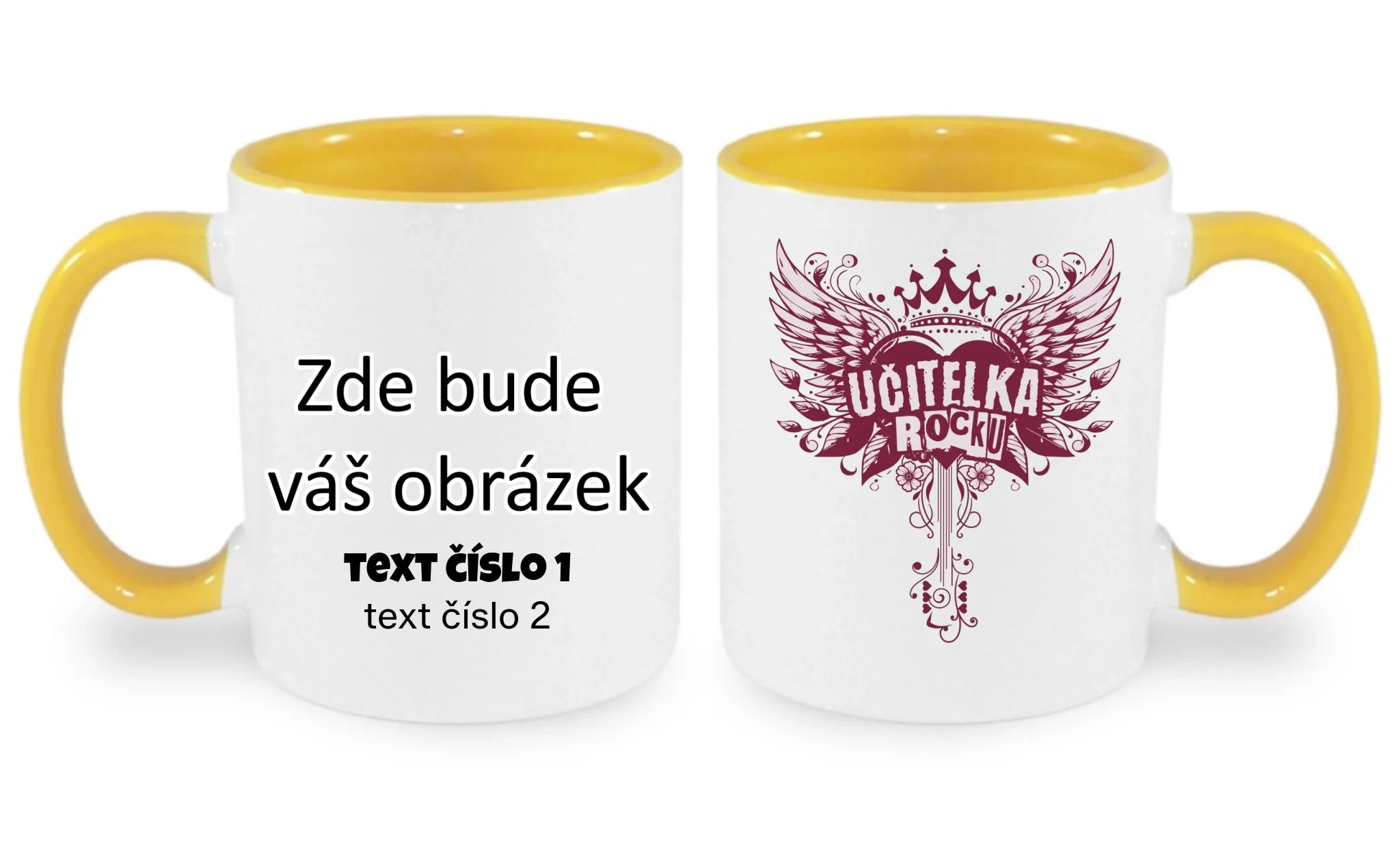 HRNÍČEK s motivem UČITELKA (výběr z 17+ potisků) oboustranný potisk hrníček Bílá žlutá 330 ml