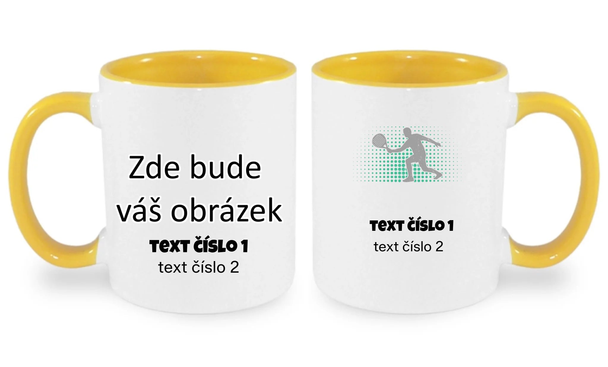 HRNÍČEK s motivem PADEL (výběr z 10+ obrázků, možnost doplnit vlastní texty) oboustranný potisk hrníček Bílá žlutá 330 ml