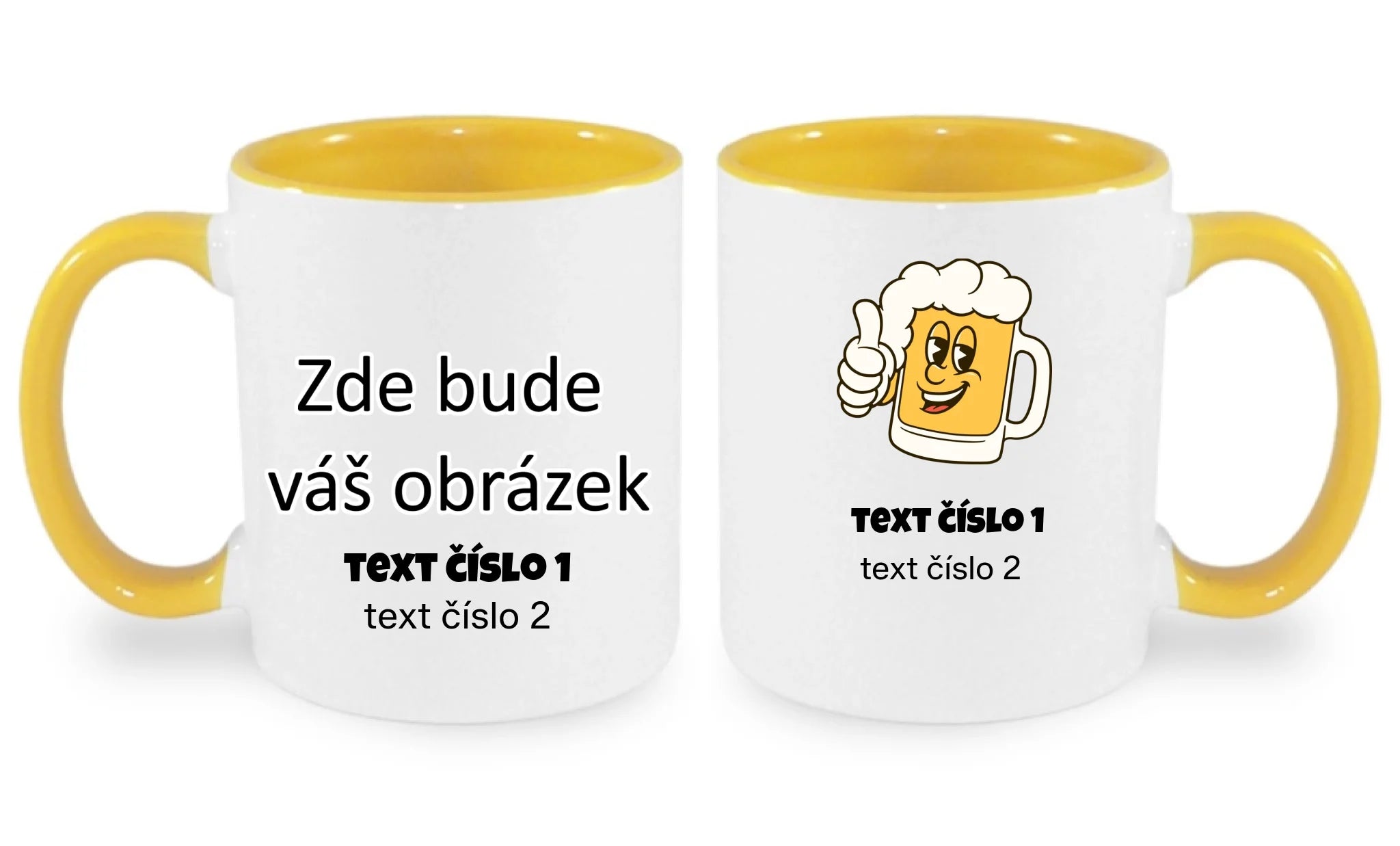 HRNÍČEK s motivem PIVO (výběr z 10+ obrázků, možnost doplnit vlastní texty) oboustranný potisk hrníček Bílá žlutá 330 ml