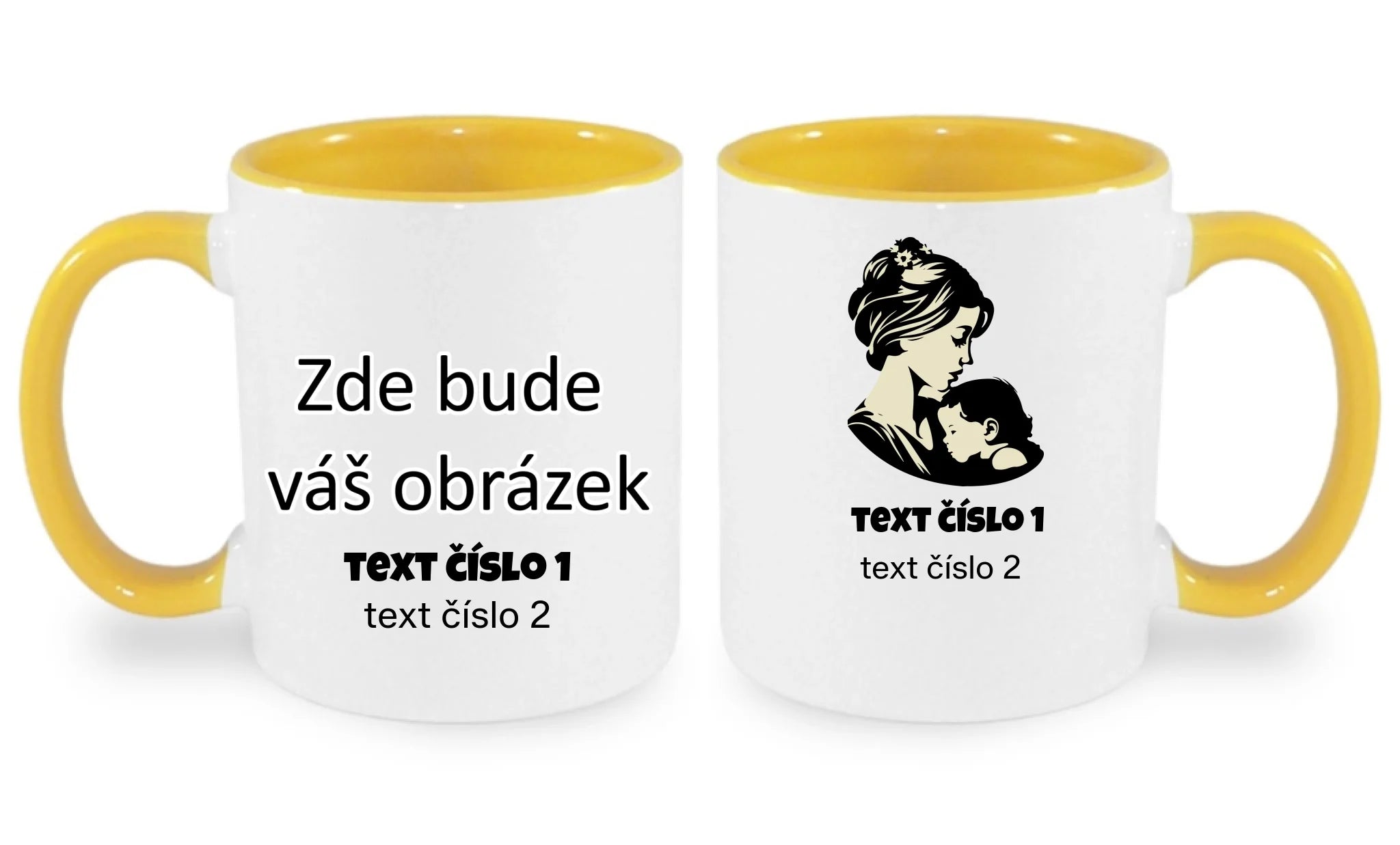 HRNÍČEK s motivem NEJ MÁMA (výběr z 10+ obrázků, možnost doplnit vlastní texty) oboustranný potisk hrníček Bílá žlutá 330 ml