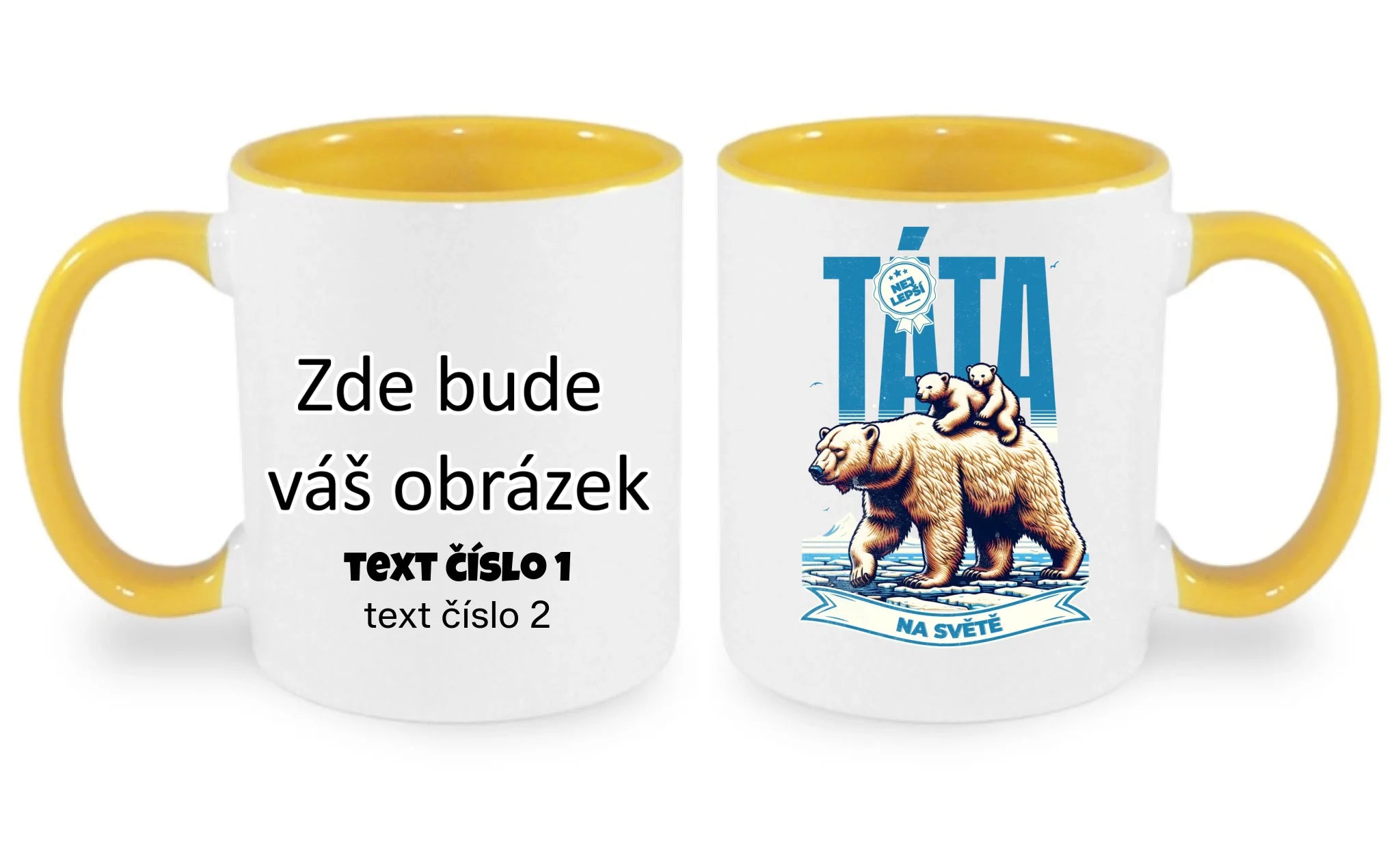 HRNÍČEK s motivem NEJ TÁTA (výběr ze 17+ potisků) oboustranný potisk hrníček Bílá žlutá 330 ml