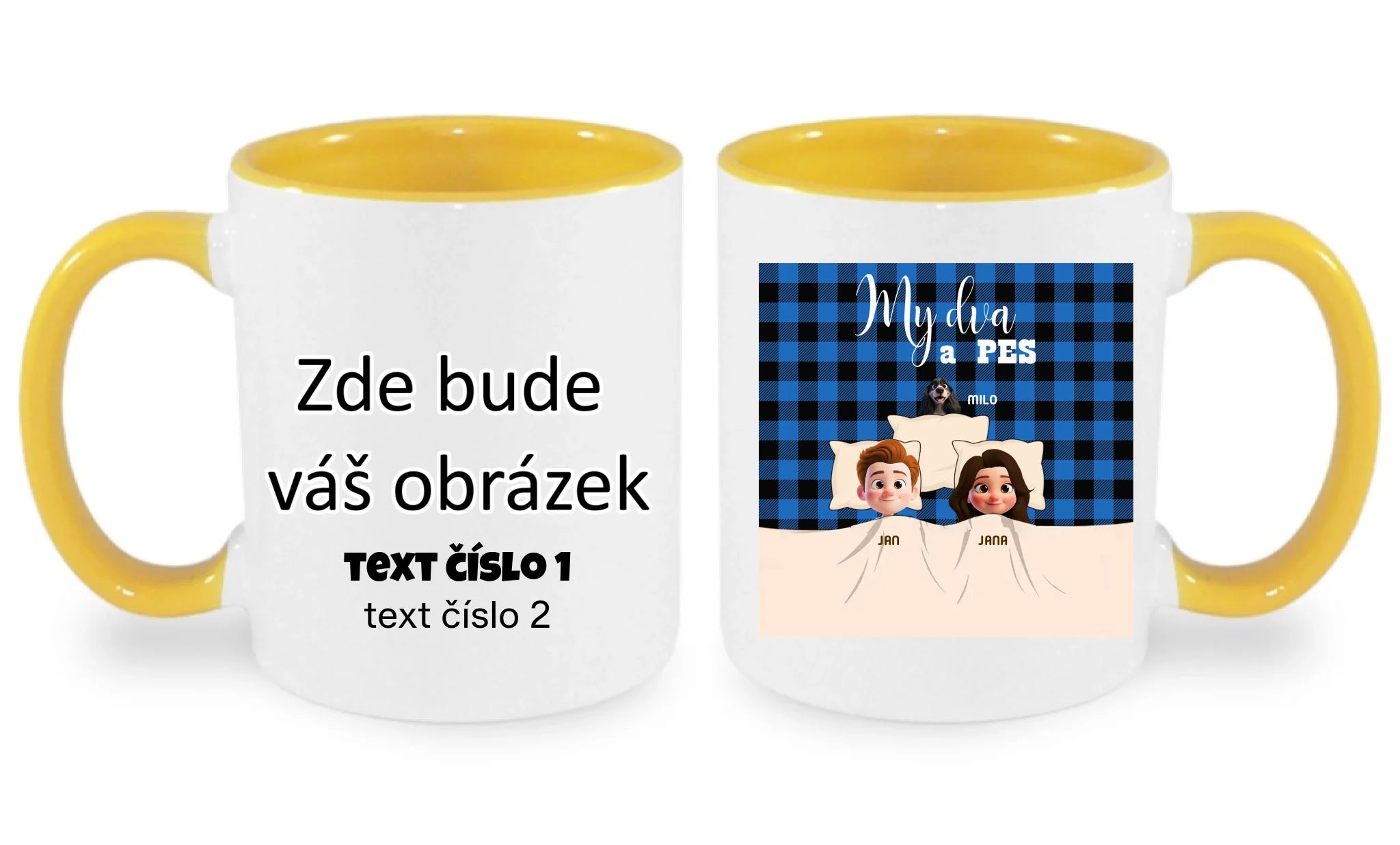 HRNÍČEK s potiskem MY DVA A PES (přizpůsobte si motiv na míru) oboustranný potisk hrníček Bílá žlutá 330 ml
