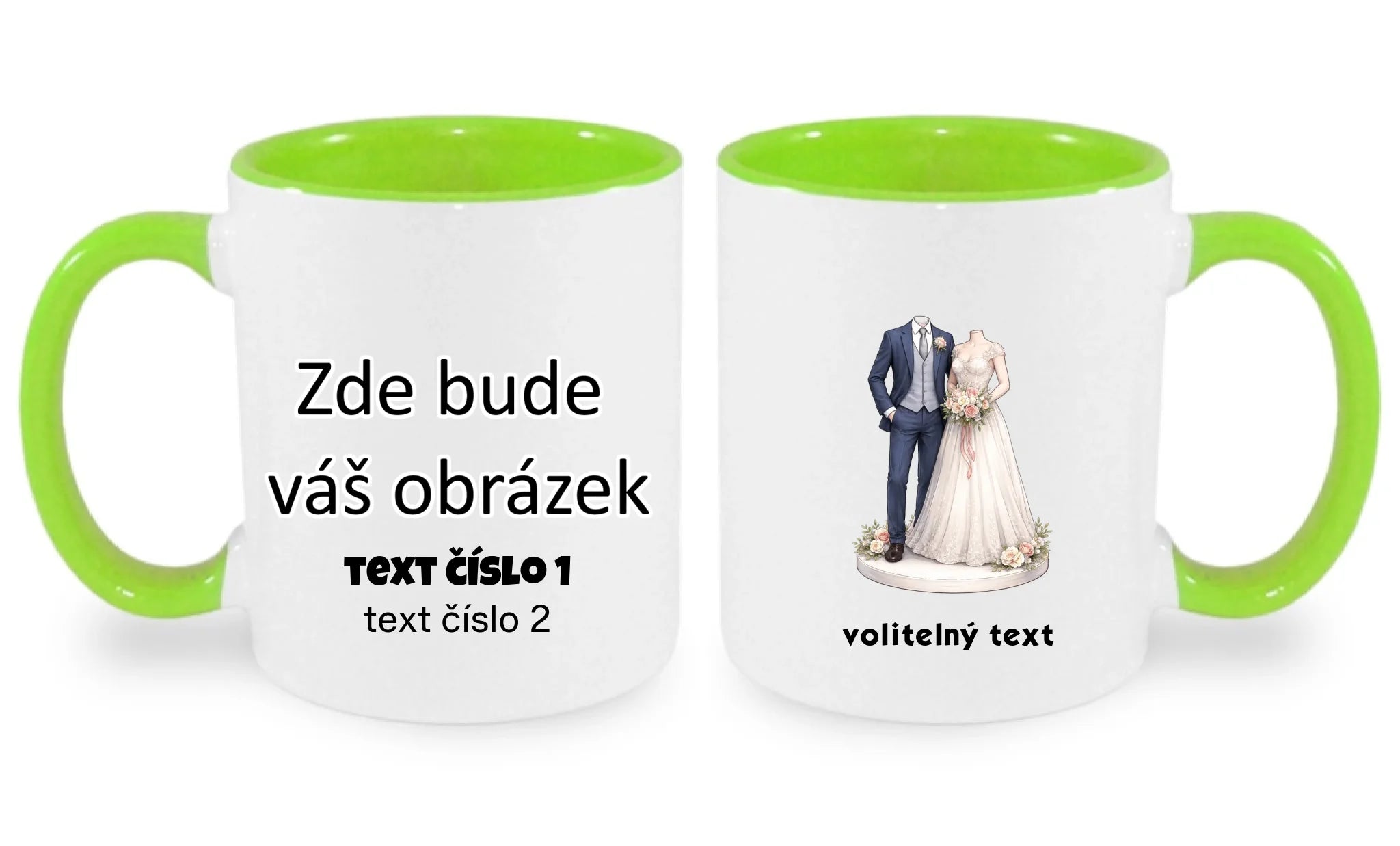 HRNÍČEK s motivem NOVOMANŽELÉ (vložíte foto) oboustranný potisk hrníček Bílá zelená 330 ml