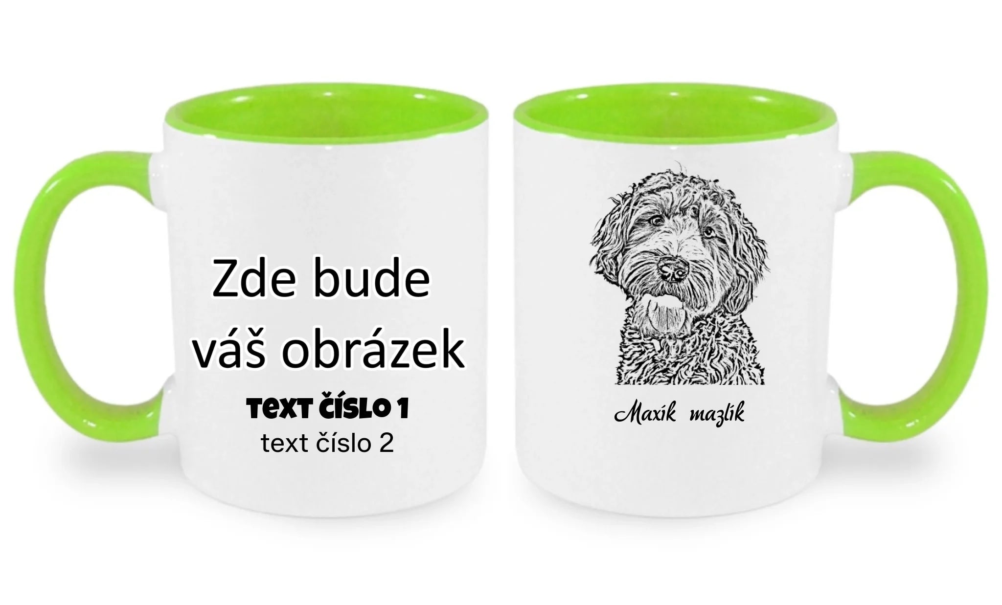 HRNÍČEK s potiskem KRESBA ZVÍŘÁTKA (vložíte fotku a necháte upravit) oboustranný potisk hrníček Bílá zelená 330 ml