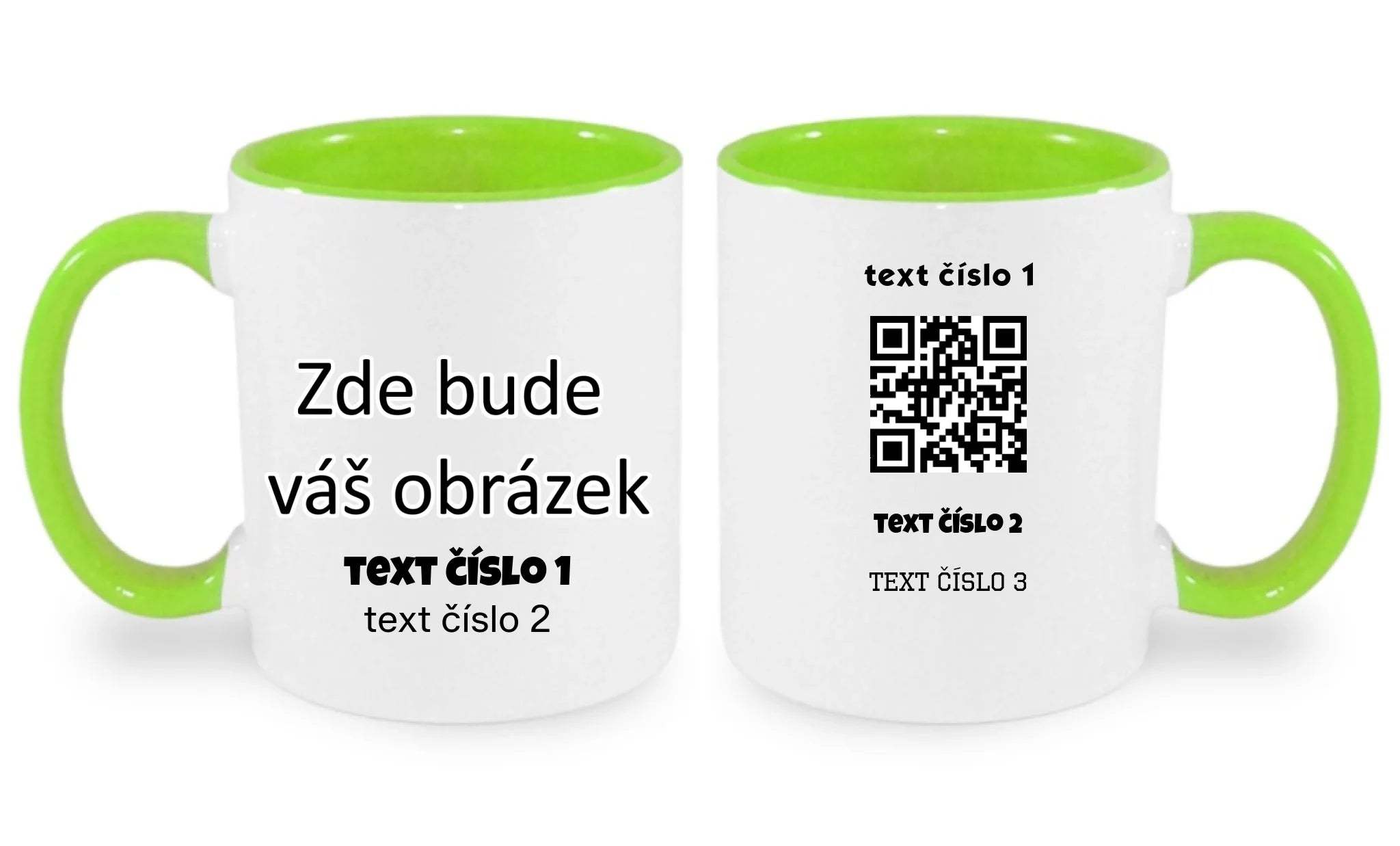 HRNÍČEK s motivem QR KÓD (vložíte url adresu, můžete vložit vlastní texty) oboustranný potisk hrníček Bílá zelená 330 ml
