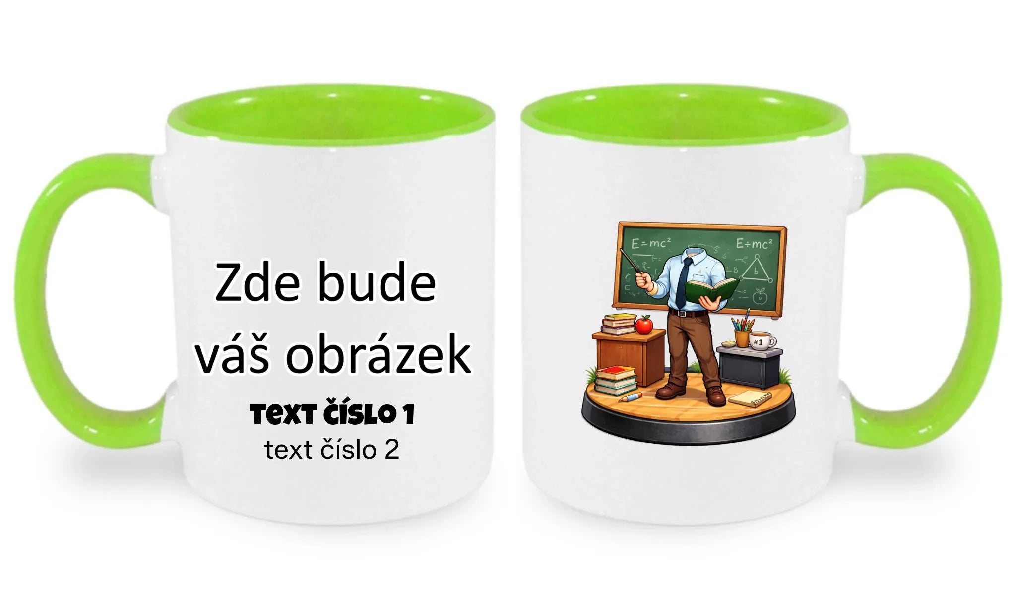 HRNÍČEK s motivem UČITEL / UČITELKA (vložíte portrétní foto) oboustranný potisk hrníček Bílá zelená 330 ml