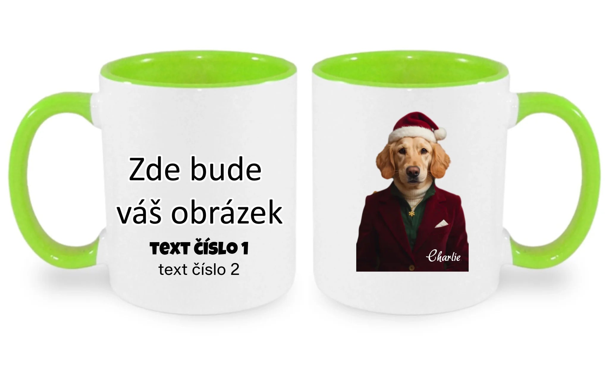 HRNÍČEK s potiskem ZVÍŘECÍ GLAMOUR PROMĚNA AI (vložíte foto, doplníte jméno) oboustranný potisk hrníček Bílá zelená 330 ml