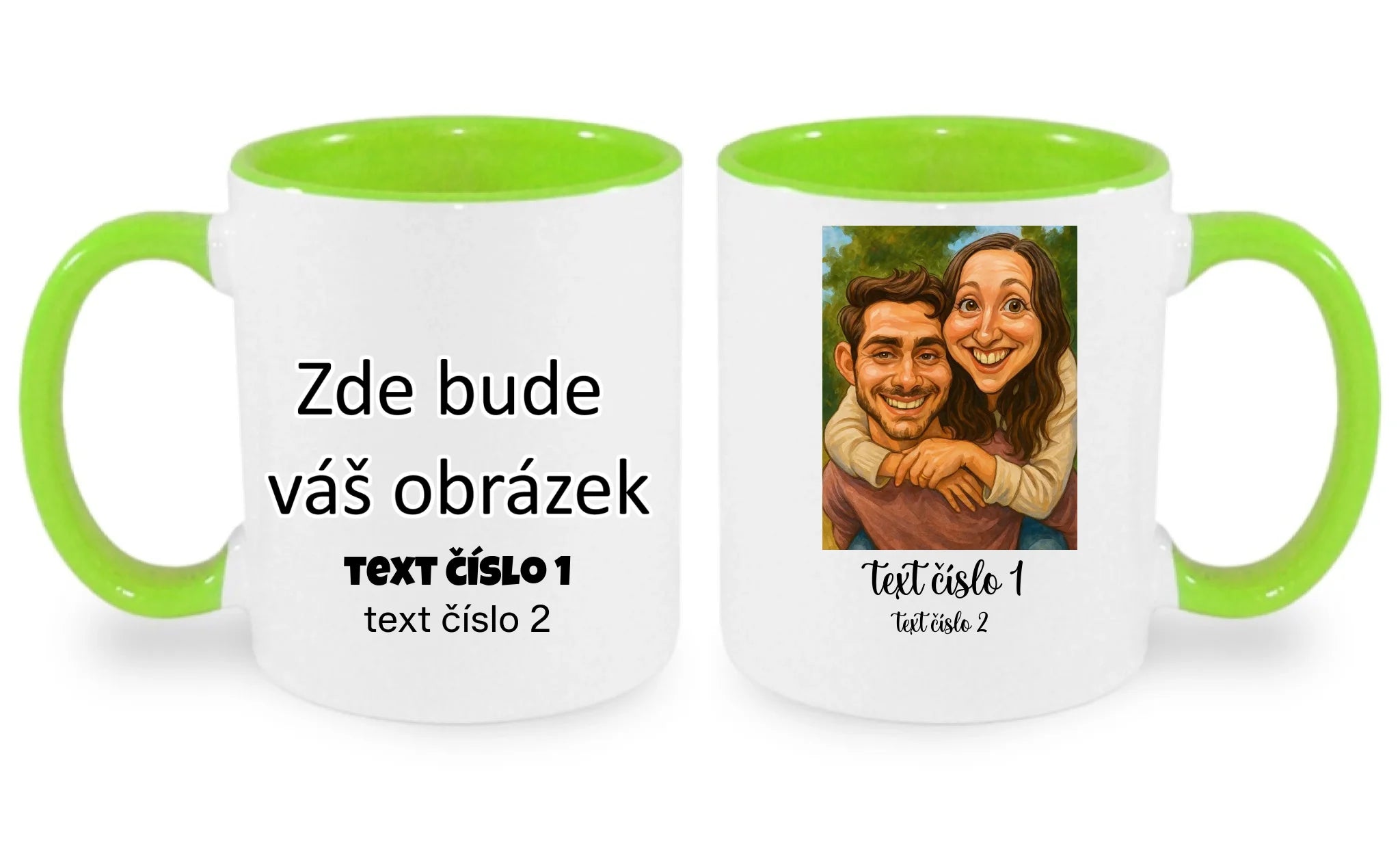 HRNÍČEK s motivem KARIKATURA (vložíte fotku, doplníte texty) oboustranný potisk hrníček Bílá zelená 330 ml