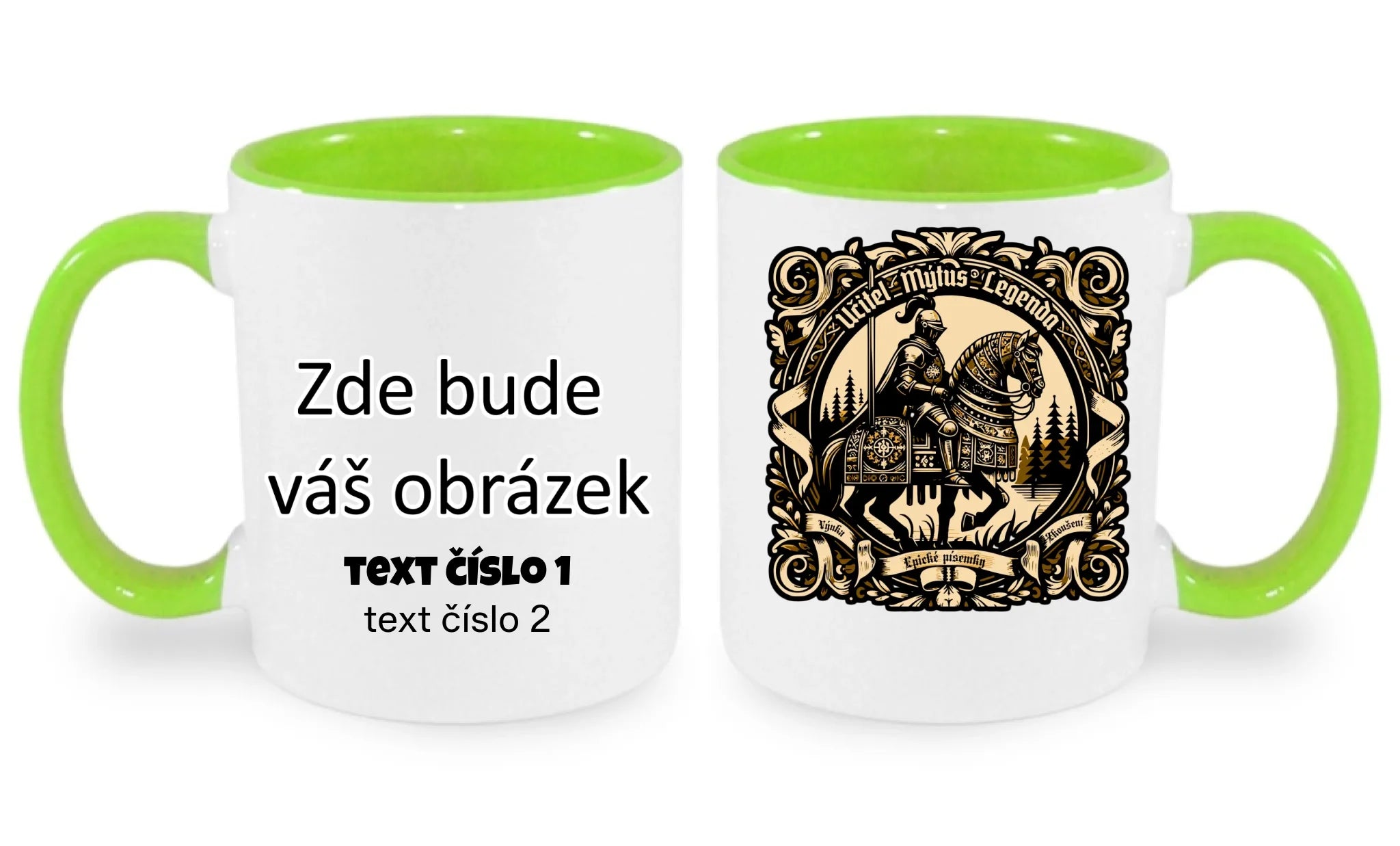 HRNÍČEK s motivem UČITEL (výběr z 20+ potisků) oboustranný potisk hrníček Bílá zelená 330 ml
