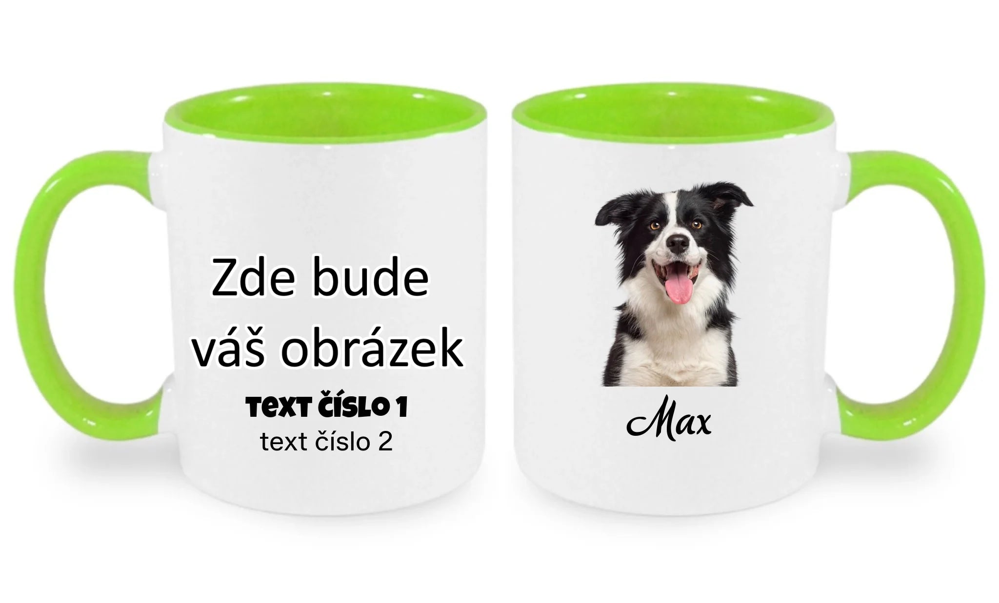 HRNÍČEK s potiskem PORTRÉT ZVÍŘETE (vložíte fotku, odstraní se pozadí, doplníte jméno) oboustranný potisk hrníček Bílá zelená 330 ml