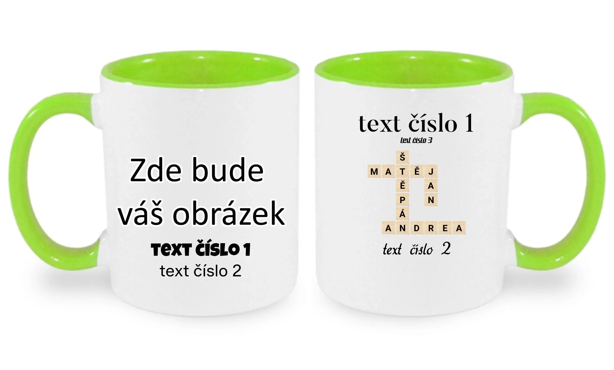 HRNÍČEK s motivem SCRABLE (vložíte jména, doplníte texty) oboustranný potisk hrníček Bílá zelená 330 ml