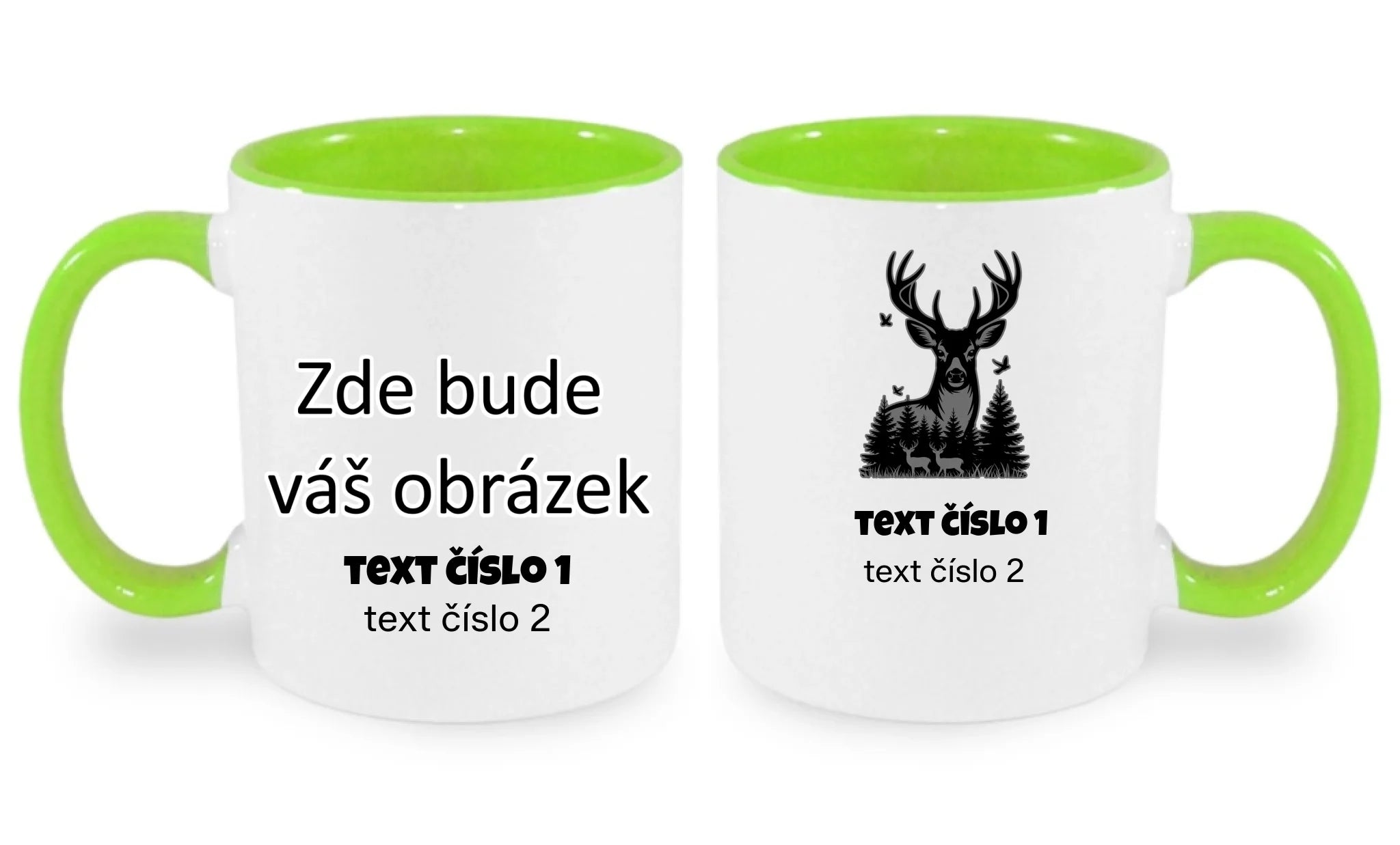 HRNÍČEK s motivem MYSLIVOST (výběr z 10+ obrázků, možnost doplnit vlastní texty) oboustranný potisk hrníček Bílá zelená 330 ml