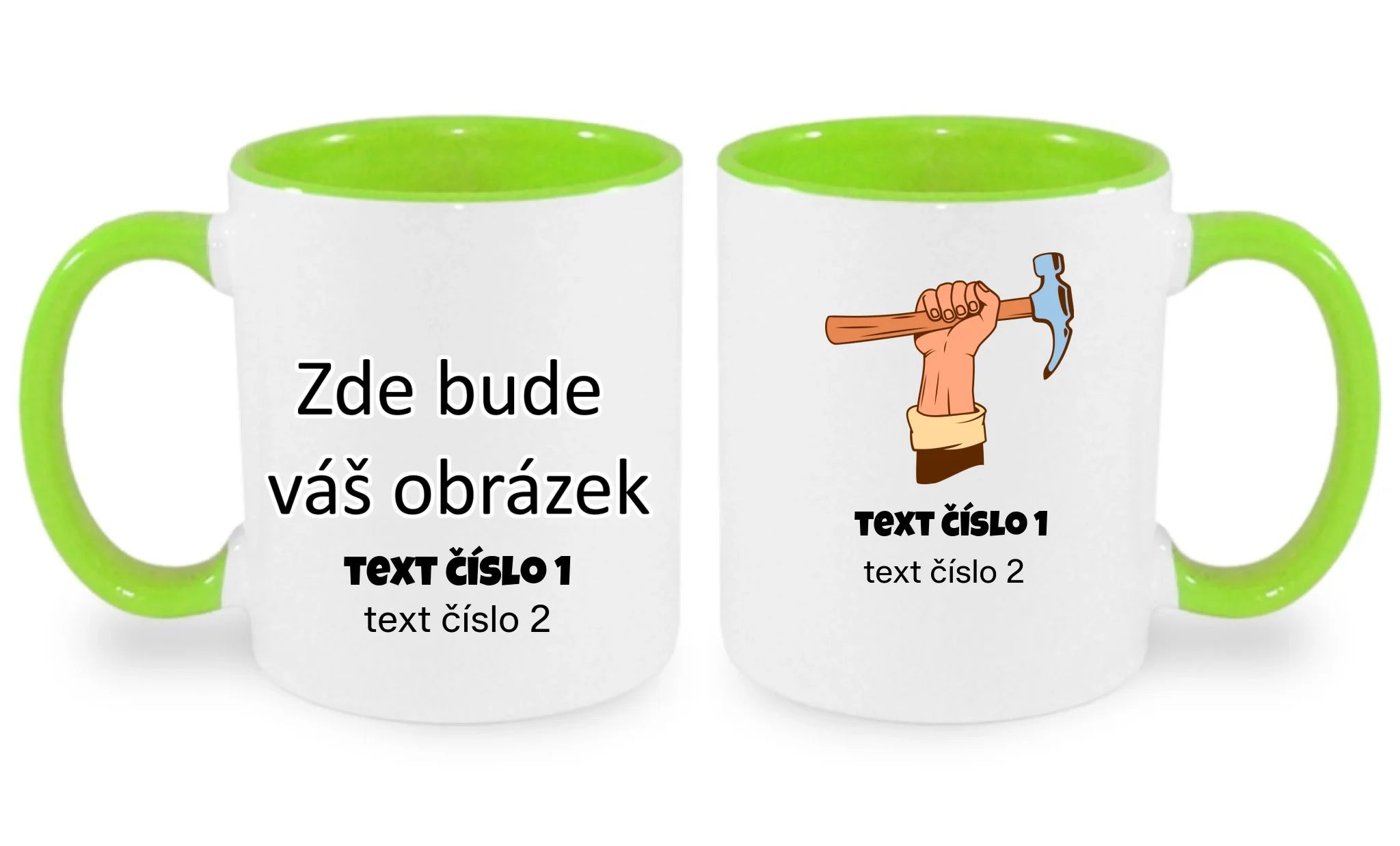 HRNÍČEK s motivem PRÁCE (výběr z 10+ potisků a možnost doplnit vlastní texty) oboustranný potisk hrníček Bílá zelená 330 ml