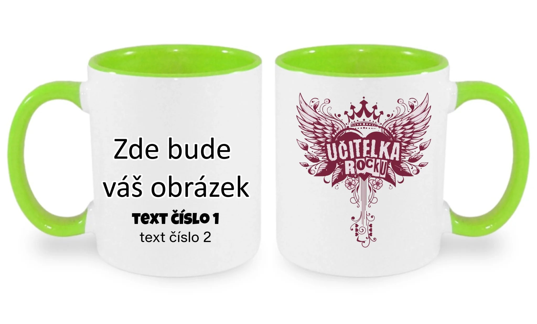HRNÍČEK s motivem UČITELKA (výběr z 17+ potisků) oboustranný potisk hrníček Bílá zelená 330 ml