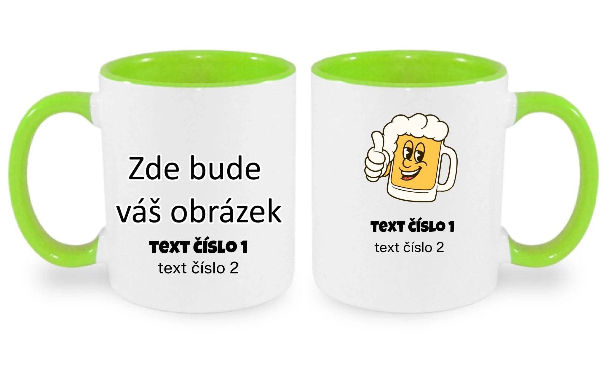 HRNÍČEK s motivem PIVO (výběr z 10+ obrázků, možnost doplnit vlastní texty) oboustranný potisk hrníček Bílá zelená 330 ml
