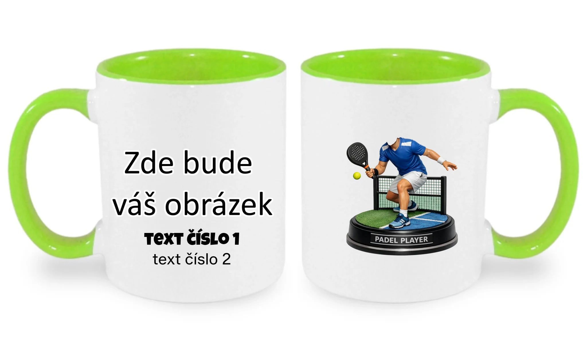 HRNÍČEK s motivem PADEL (s vlastní fotkou) oboustranný potisk hrníček Bílá zelená 330 ml