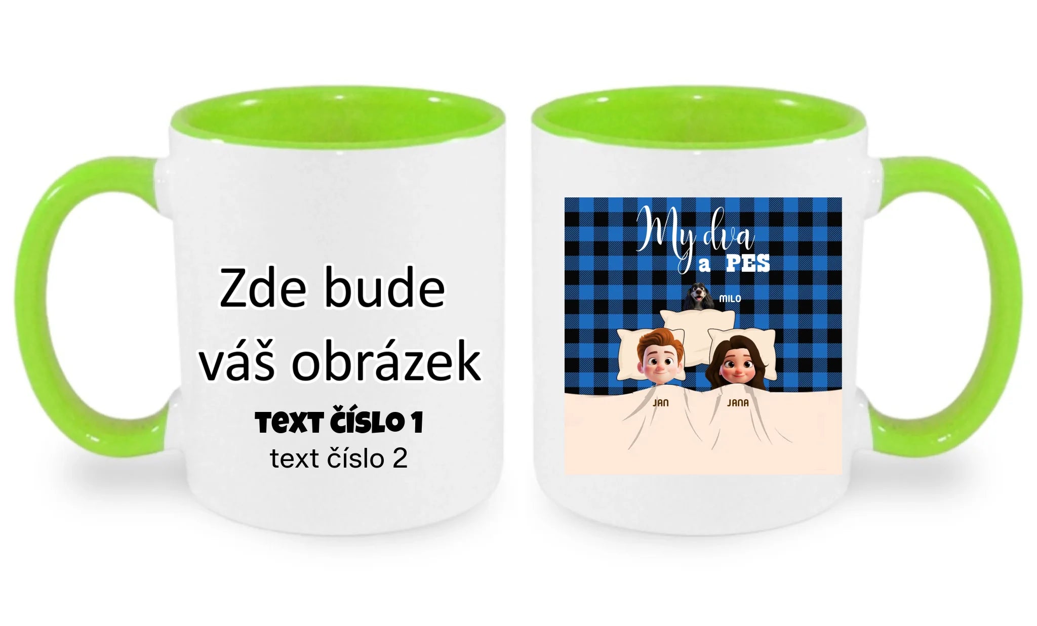 HRNÍČEK s potiskem MY DVA A PES (přizpůsobte si motiv na míru) oboustranný potisk hrníček Bílá zelená 330 ml